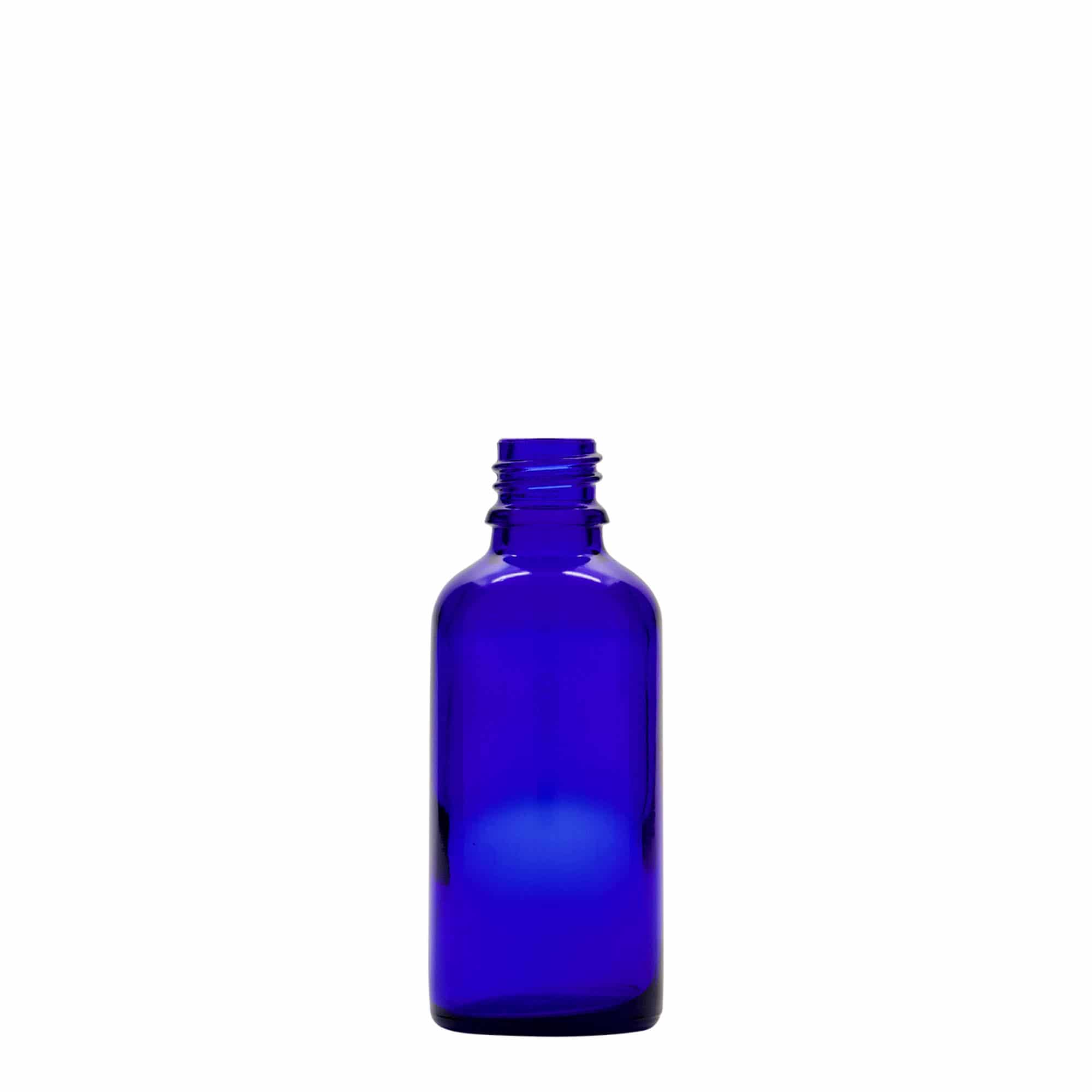 50 ml kapátková lahvička lékařská, sklo, královská modrá-červená, hrdlo: DIN 18