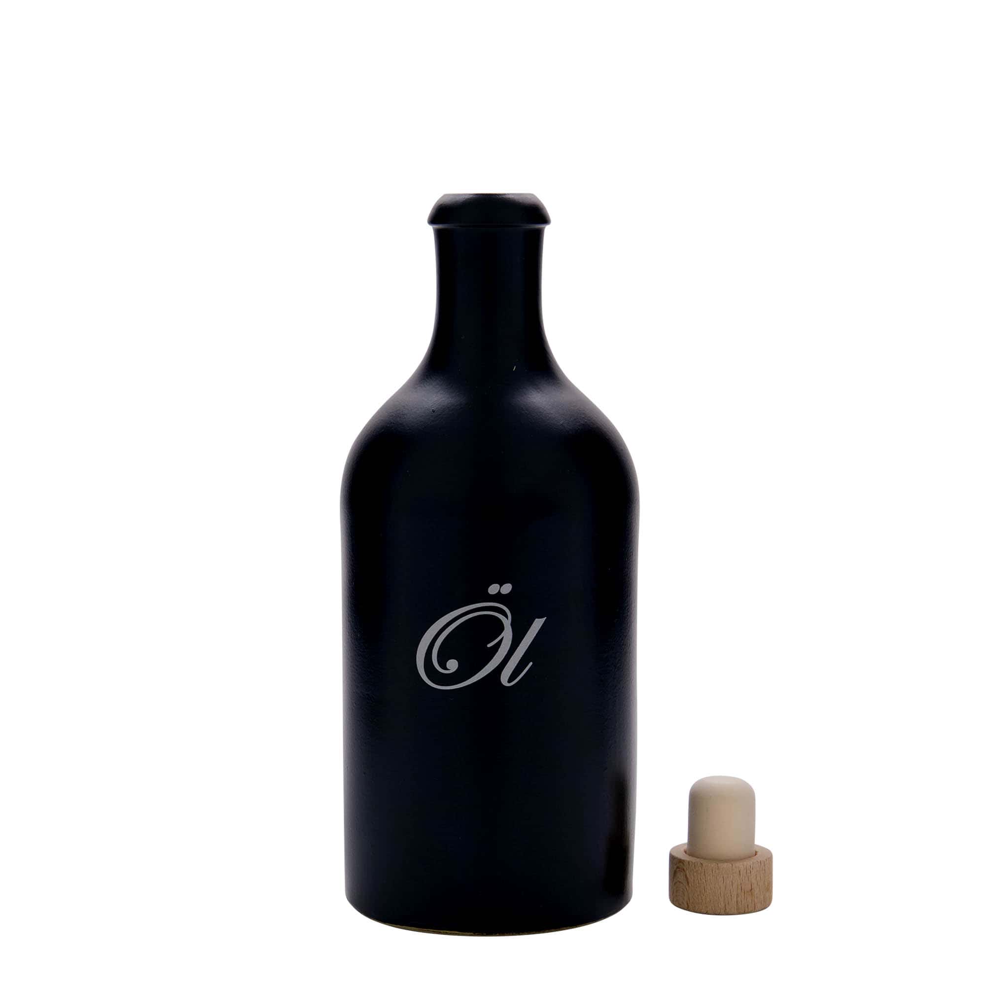 Hliněný džbán 500 ml, motiv: Olej, keramika, černý, uzávěr: korek
