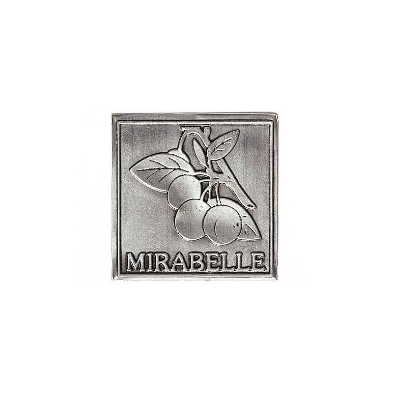 Cínová etiketa „Mirabelle“, čtvercová, kovová, stříbrná Cínová etiketa „Mirabelle“, čtvercová, kovová, stříbrná