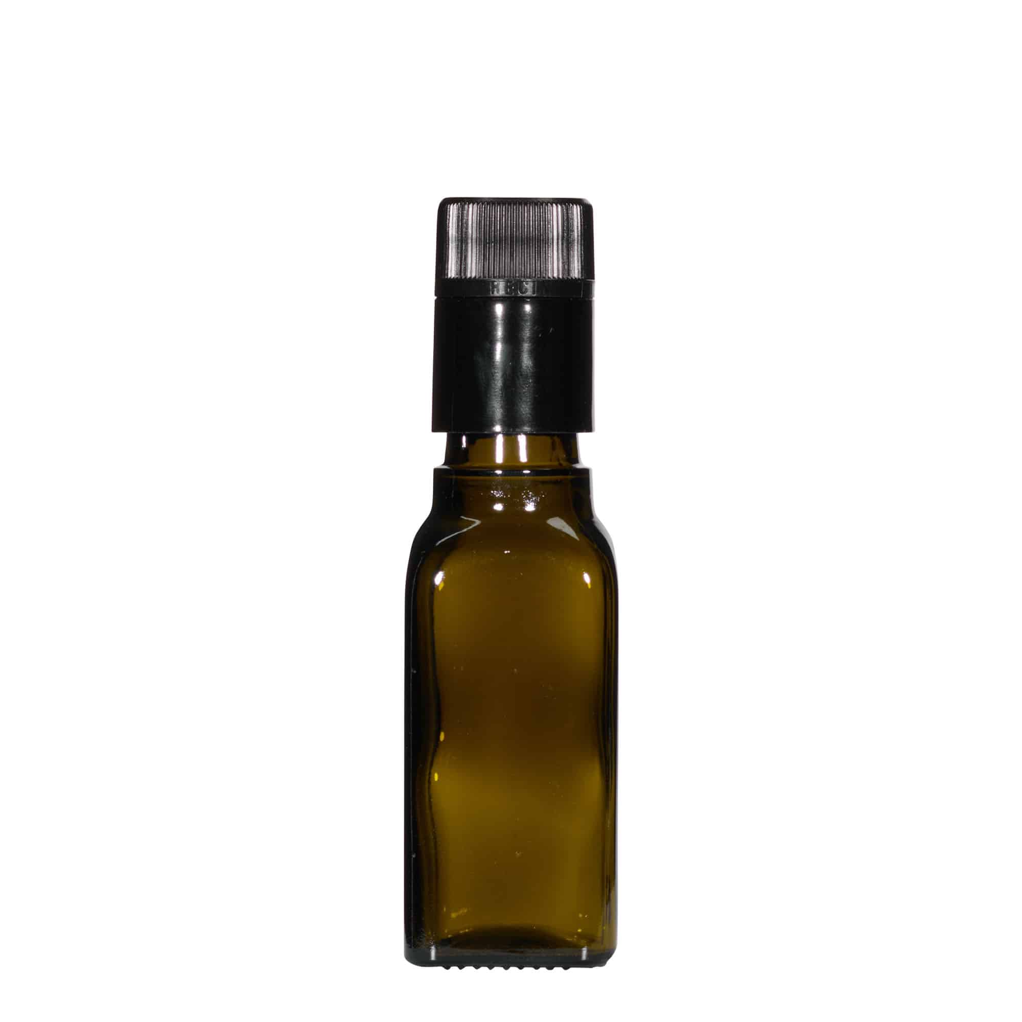 100 ml láhev na ocet/olej 'Quadra', sklo, čtvercová, antik zelená, hrdlo: DOP