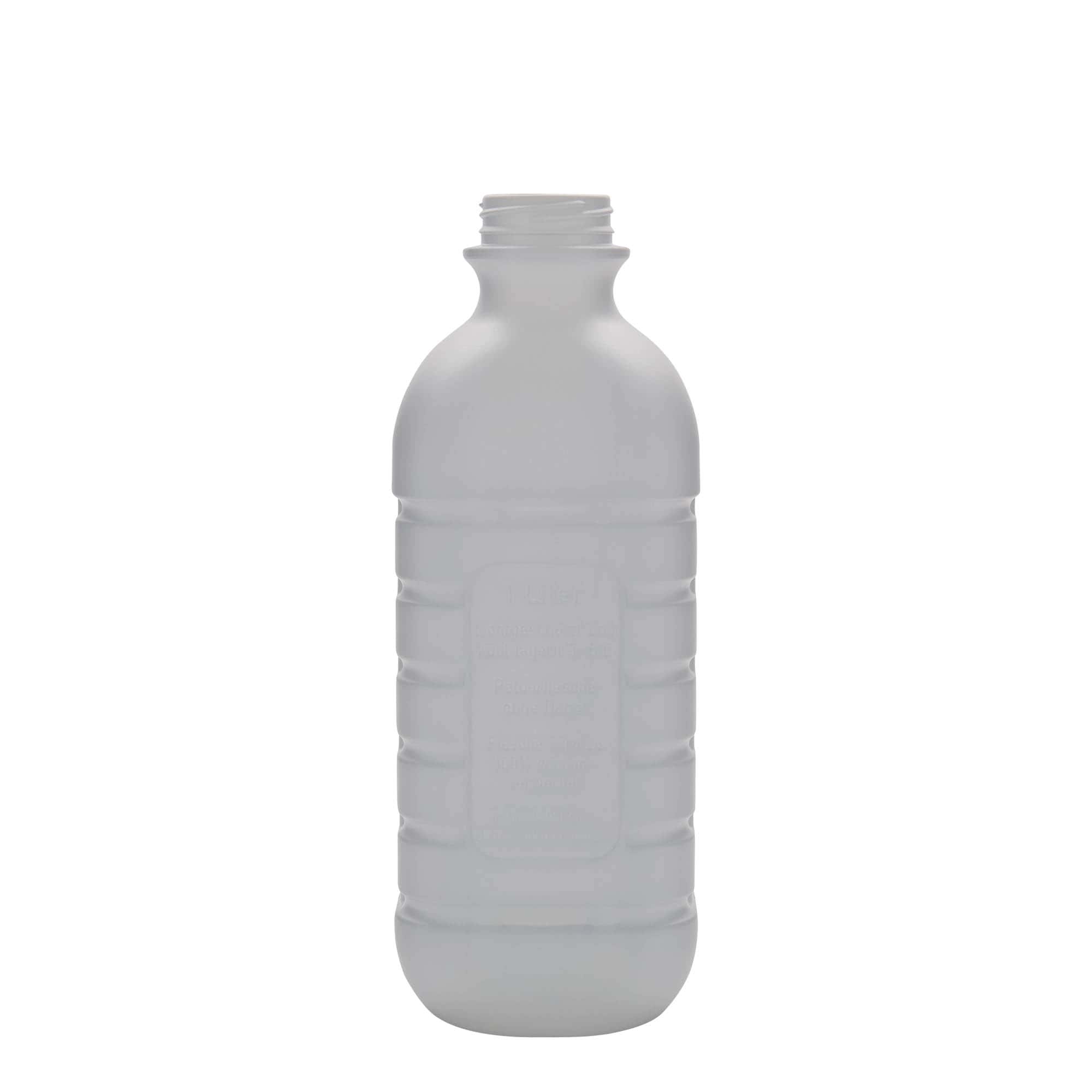 1.000 ml mléčná láhev, obdélníková, HDPE plast, bílá, hrdlo: PEHD40