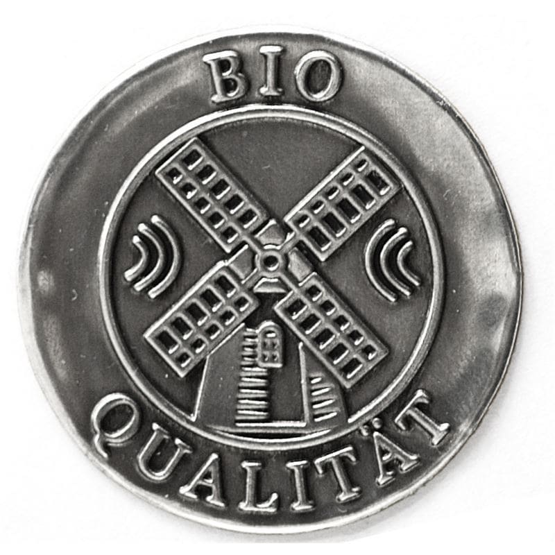 Cínový štítek 'Bio kvalita', kulatý, kov, stříbrný