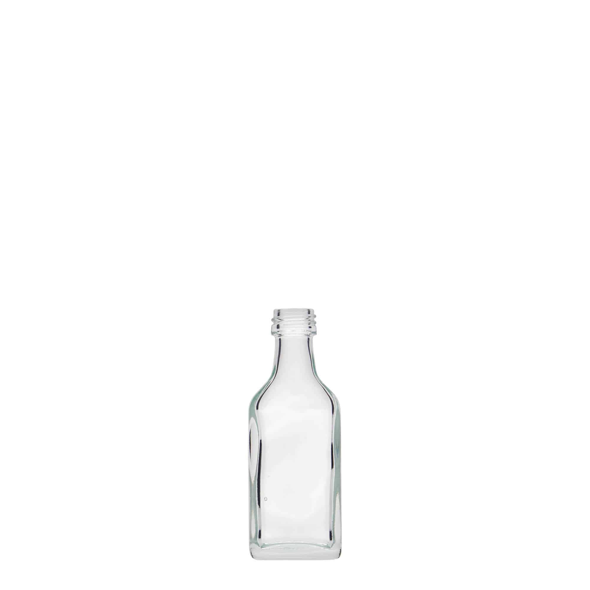 Kapesní lahev 20 ml, hranatá, sklo, ústí: PP 18 Kapesní lahev 20 ml, hranatá, sklo, ústí: PP 18