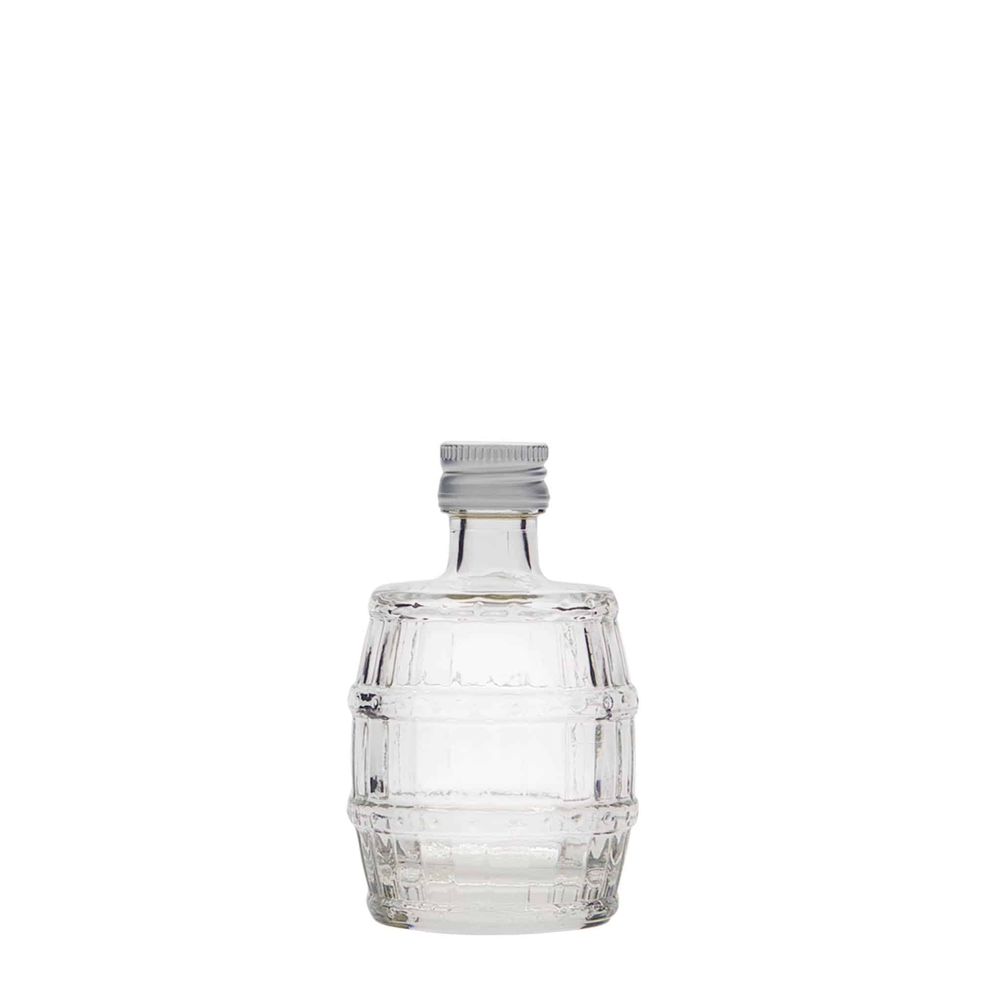 50 ml skleněná lahvička „sud“, hrdlo: PP 18
