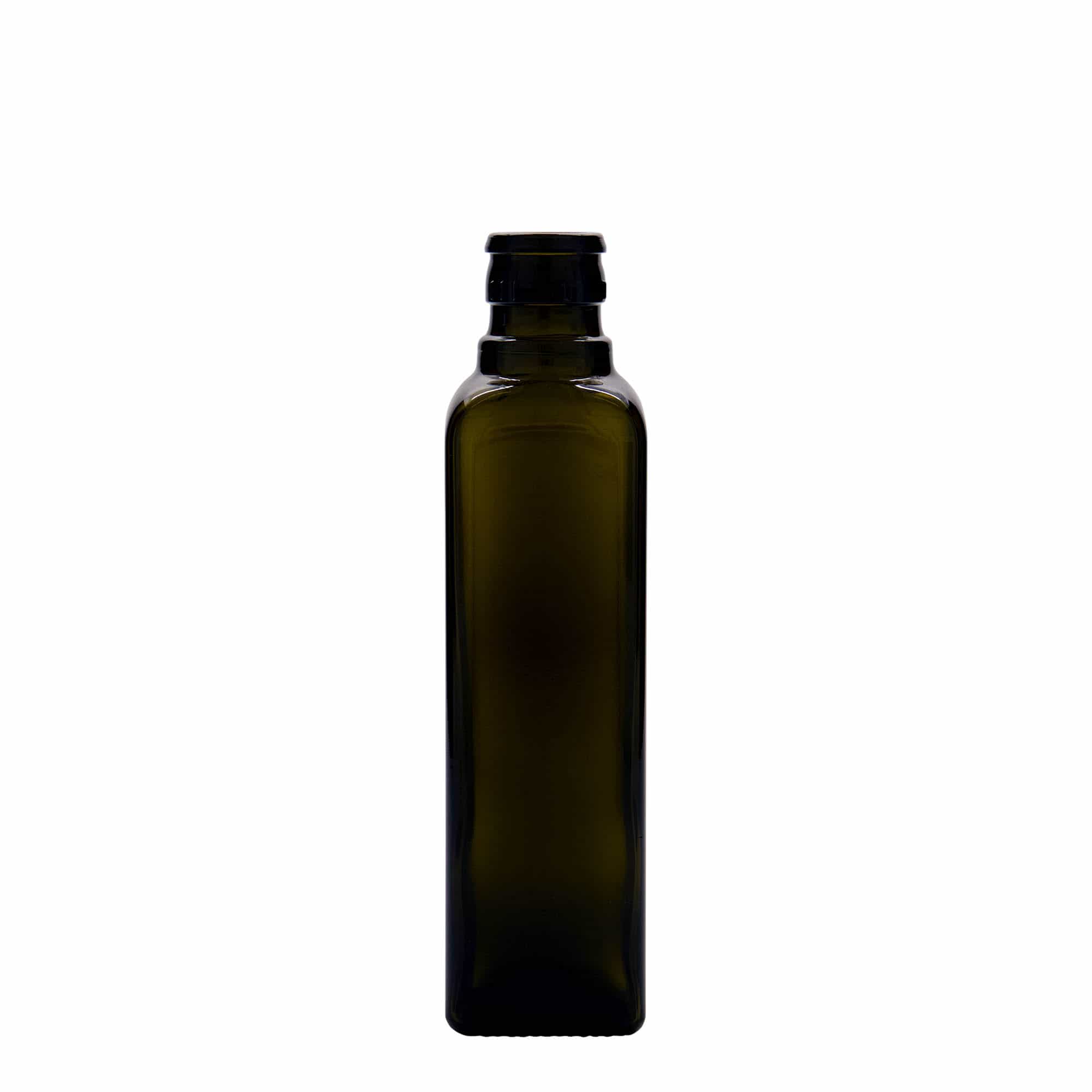 250 ml láhev na ocet/olej „Quadra“, sklo, čtvercová, antik zelená, hrdlo: DOP