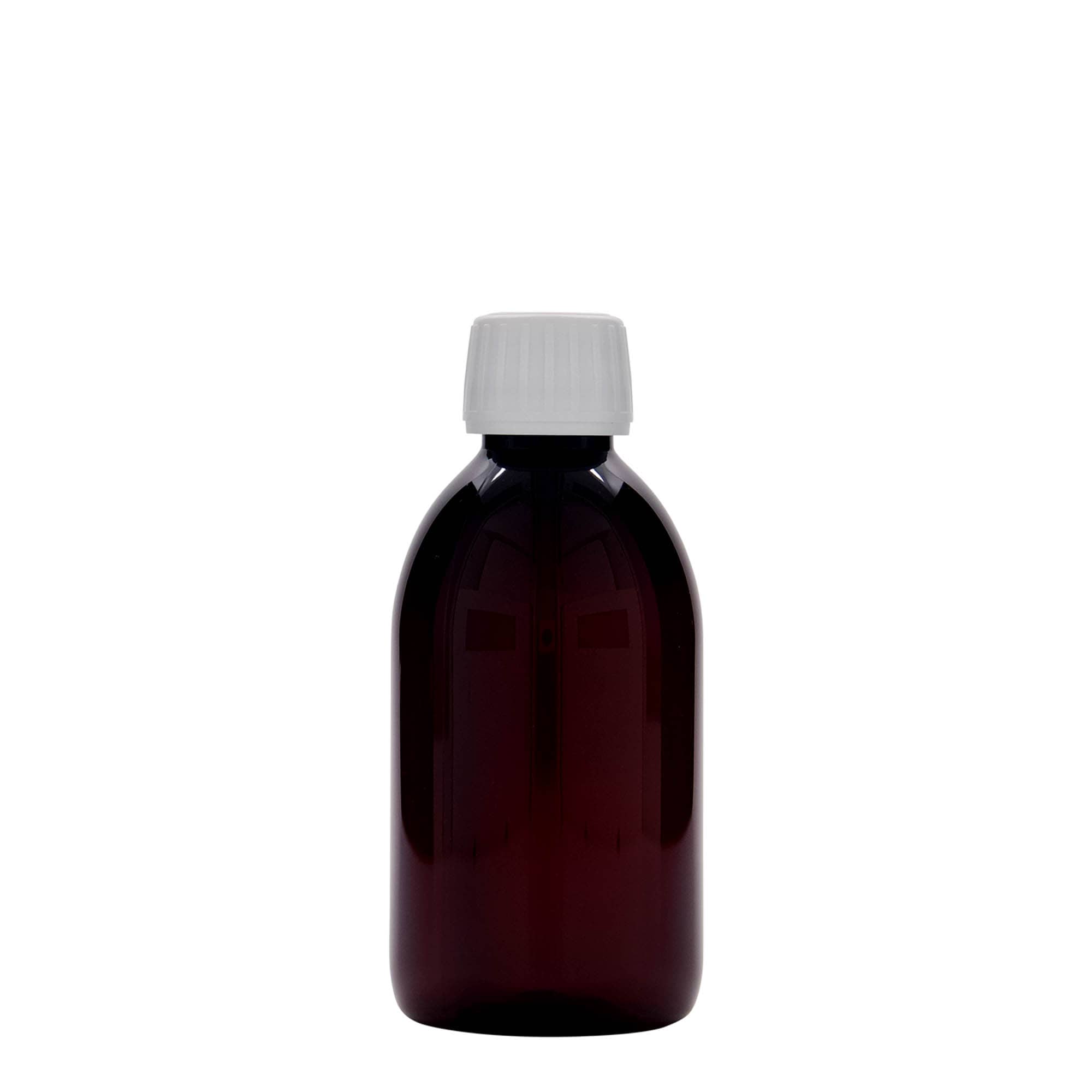 250 ml PET lékárenská lahvička, hnědá, plast, hrdlo: PP 28