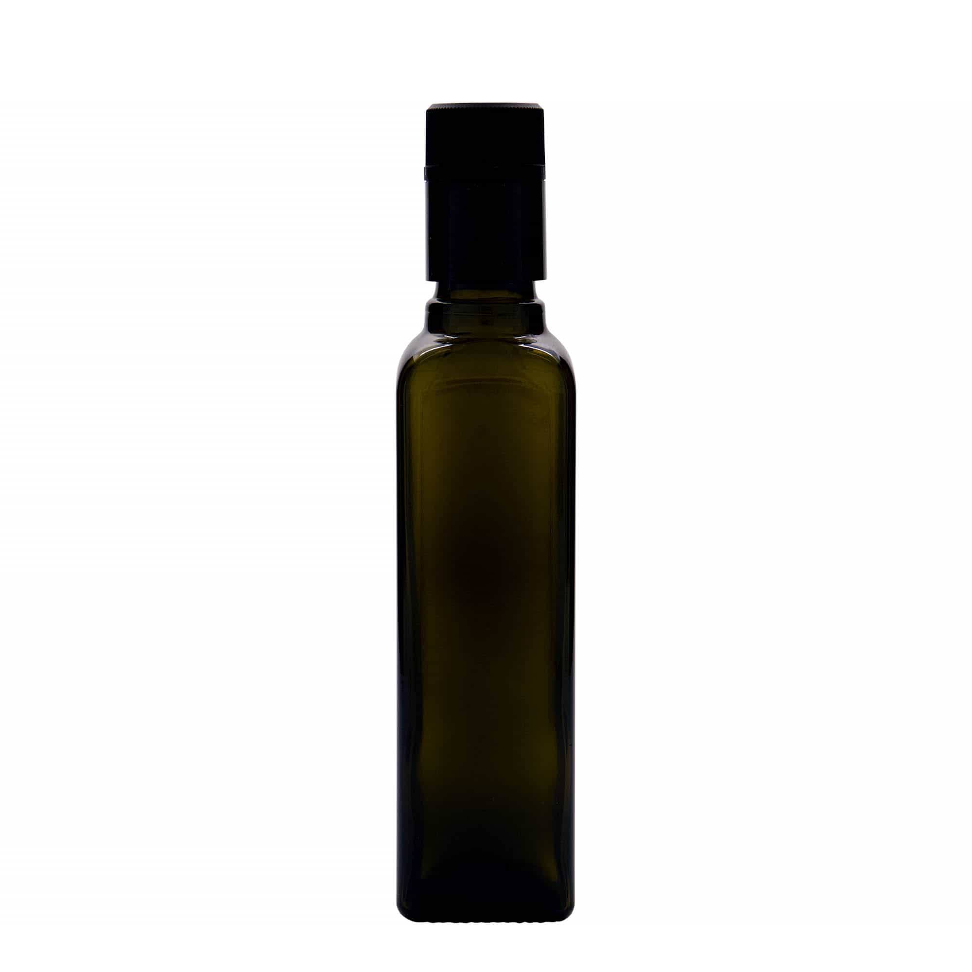 250 ml láhev na ocet/olej „Quadra“, sklo, čtvercová, antik zelená, hrdlo: DOP