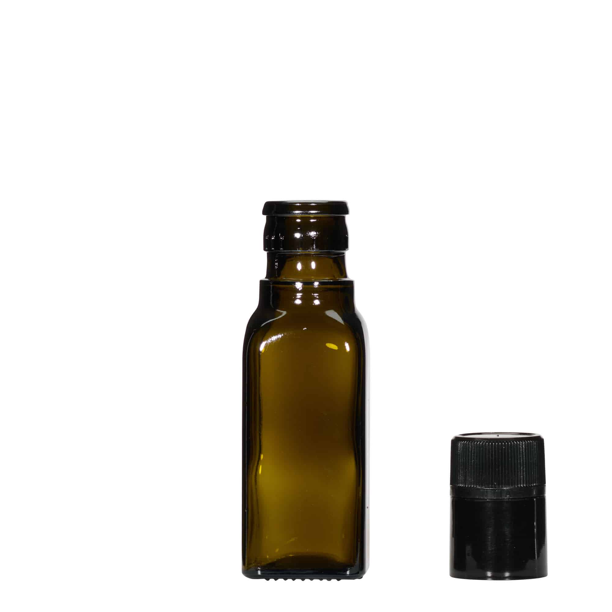 100 ml láhev na ocet/olej 'Quadra', sklo, čtvercová, antik zelená, hrdlo: DOP