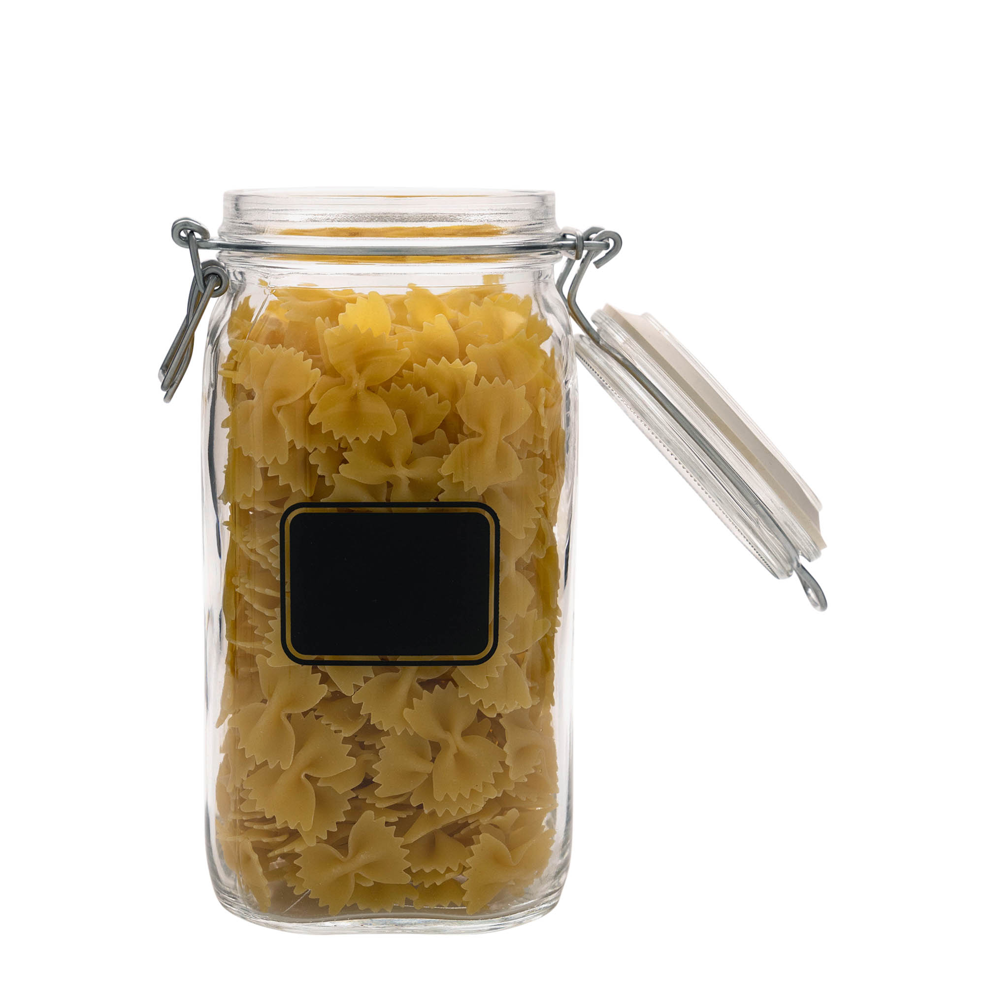 1.500 ml drátěná zavařovací sklenice 'Fido', motiv: štítek, čtvercová, hrdlo: drátěné zavírání