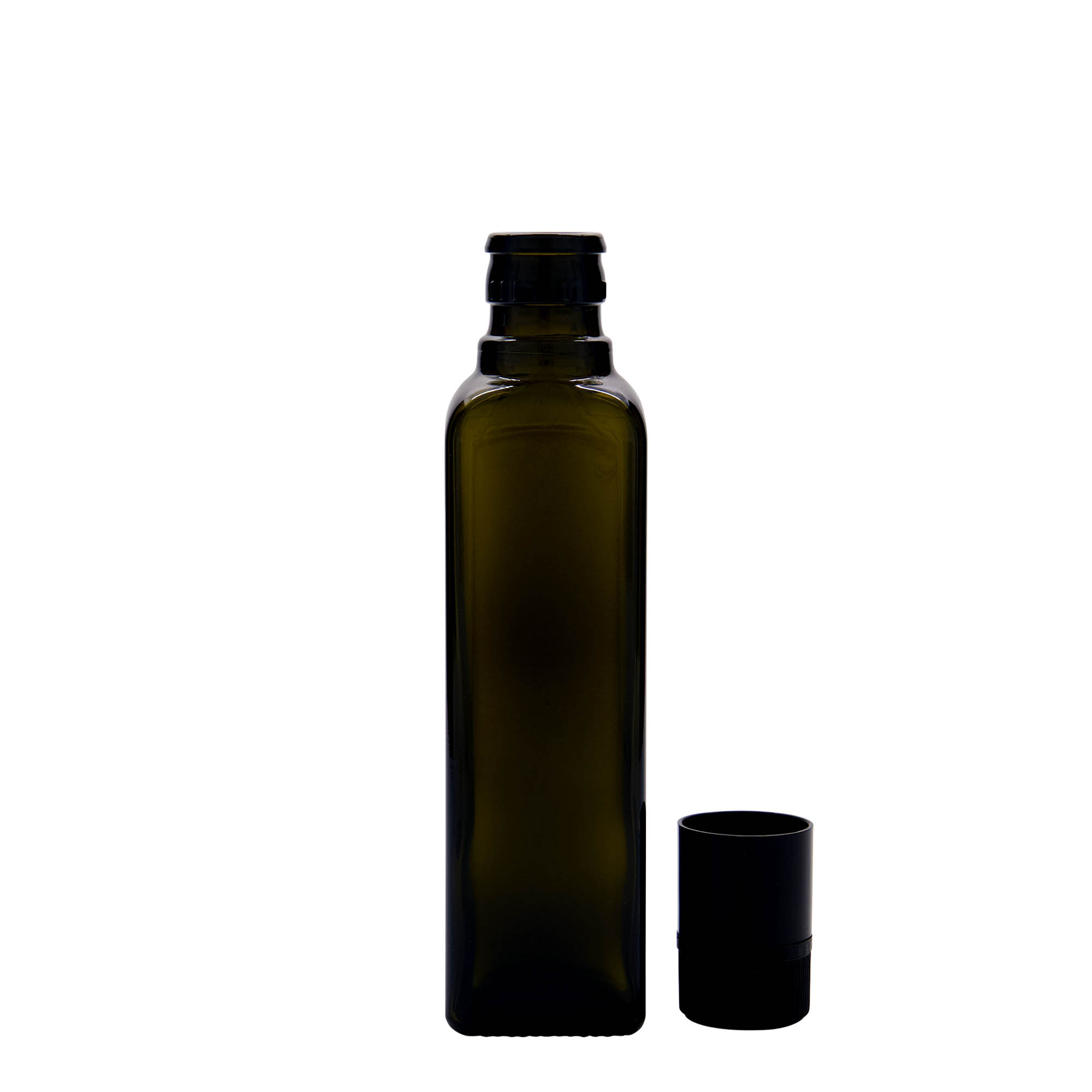 250 ml láhev na ocet/olej 'Quadra', sklo, čtvercová, antik zelená, hrdlo: DOP