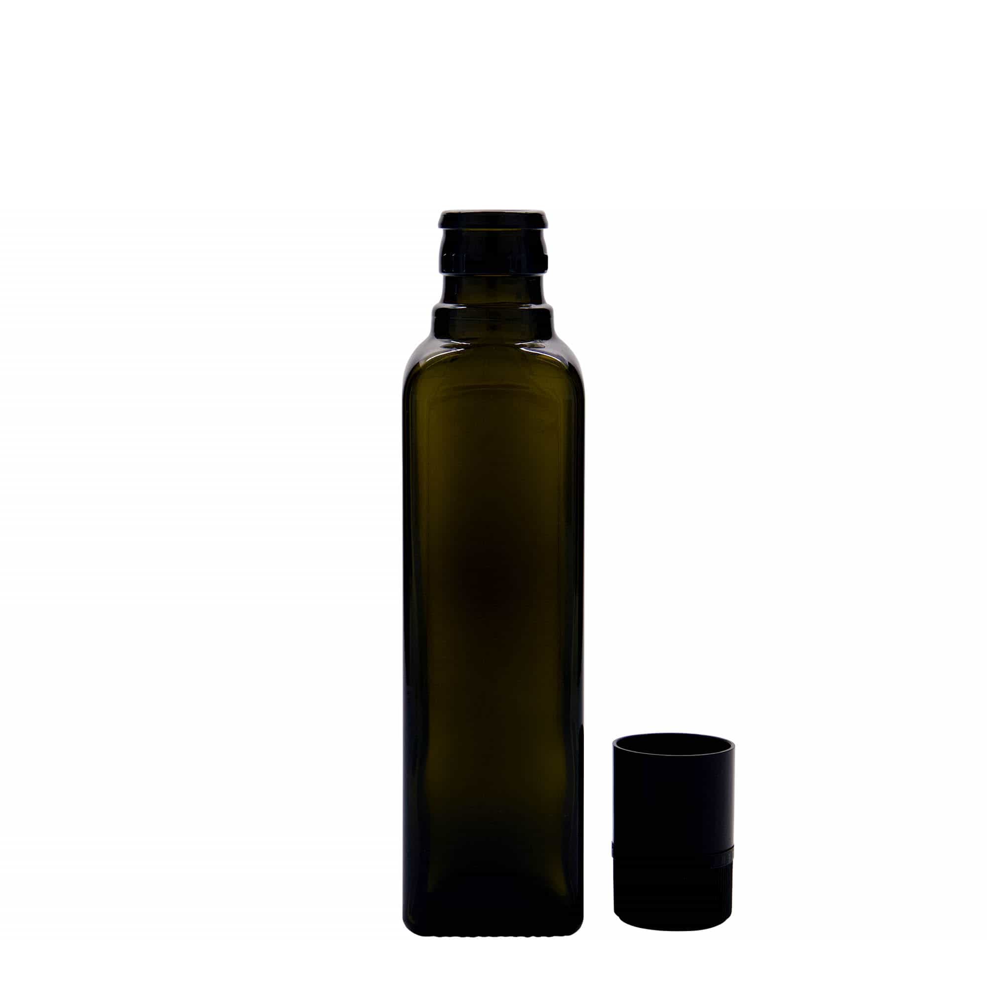 250 ml láhev na ocet/olej „Quadra“, sklo, čtvercová, antik zelená, hrdlo: DOP