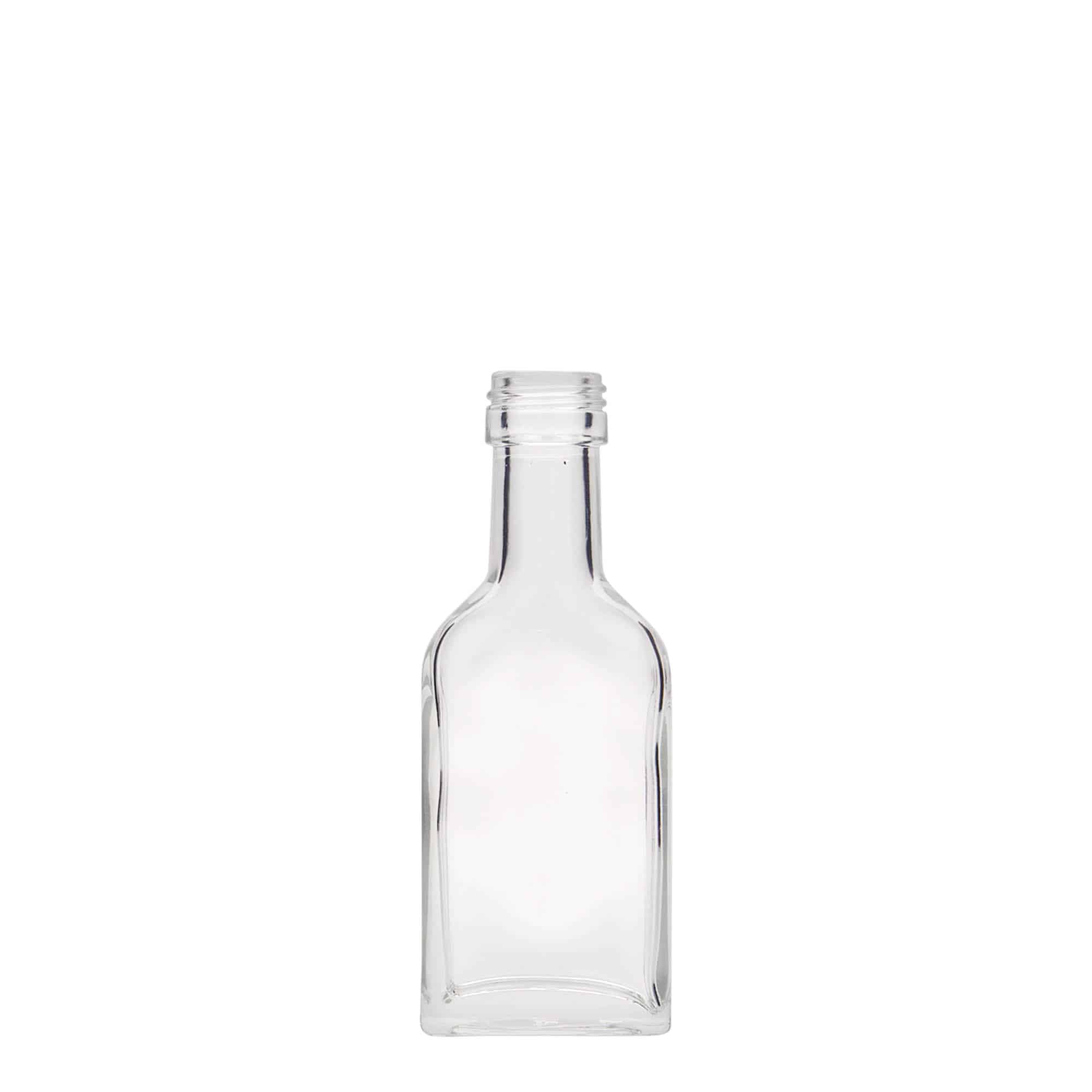 Kapesní lahev s dlouhým hrdlem, 40 ml, hranatá, sklo, ústí: PP 22 Kapesní lahev s dlouhým hrdlem, 40 ml, hranatá, sklo, ústí: PP 22