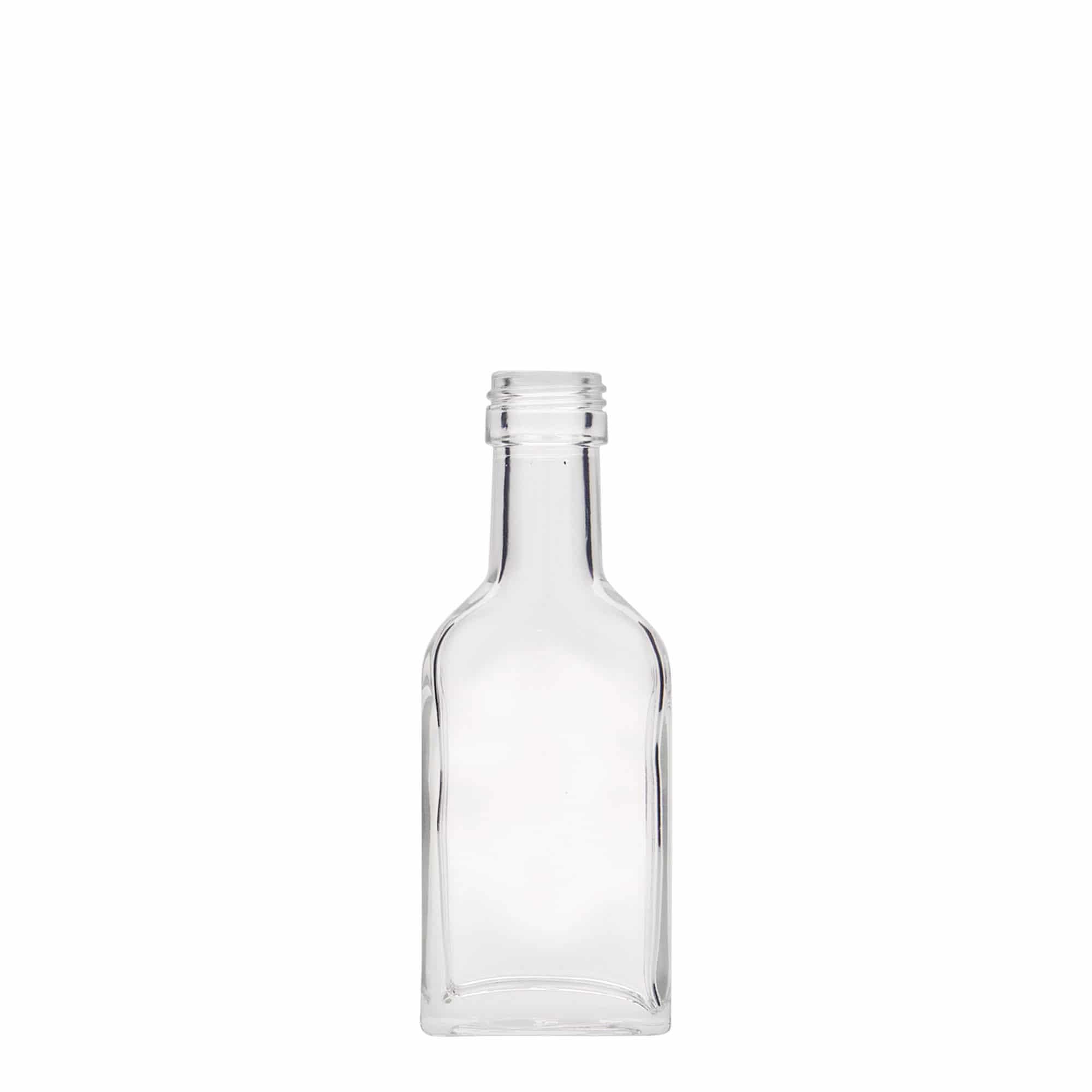 40 ml kapesní lahvička s dlouhým hrdlem, obdélníková, sklo, hrdlo: PP 22