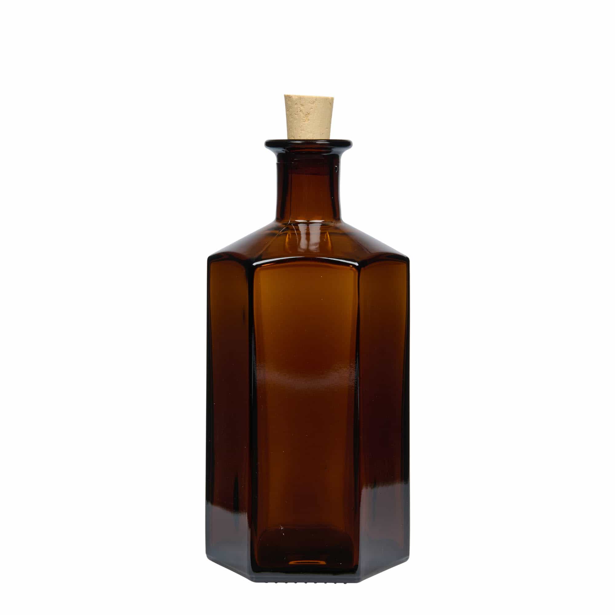 Skleněná lahev 500 ml lékárenská 'Jimmy'. šestiúhelníková. hnědý. uzávěr: korek