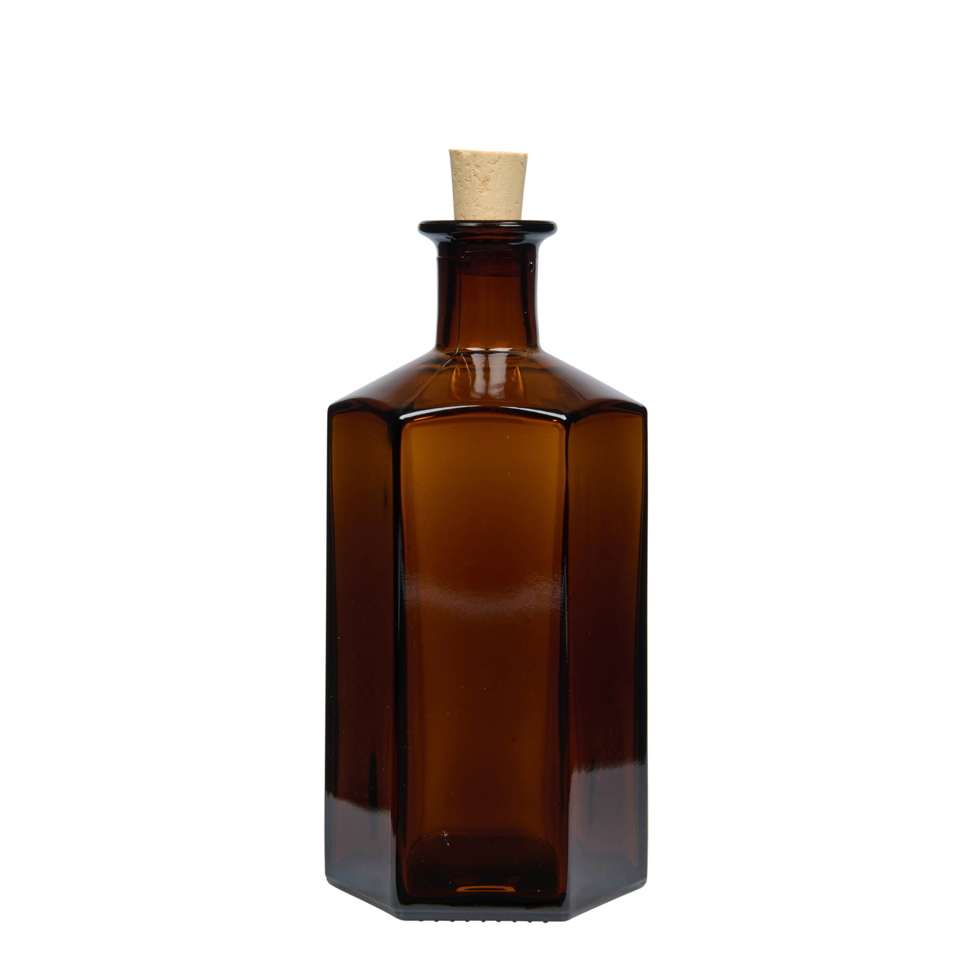 500 ml skleněná láhev lékárníka 'Jimmy', šestihranná, hnědá, hrdlo: korek