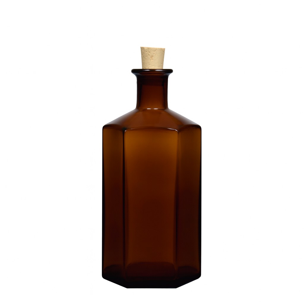 500 ml skleněná láhev lékárníka „Jimmy“, šestihranná, hnědá, hrdlo: korek