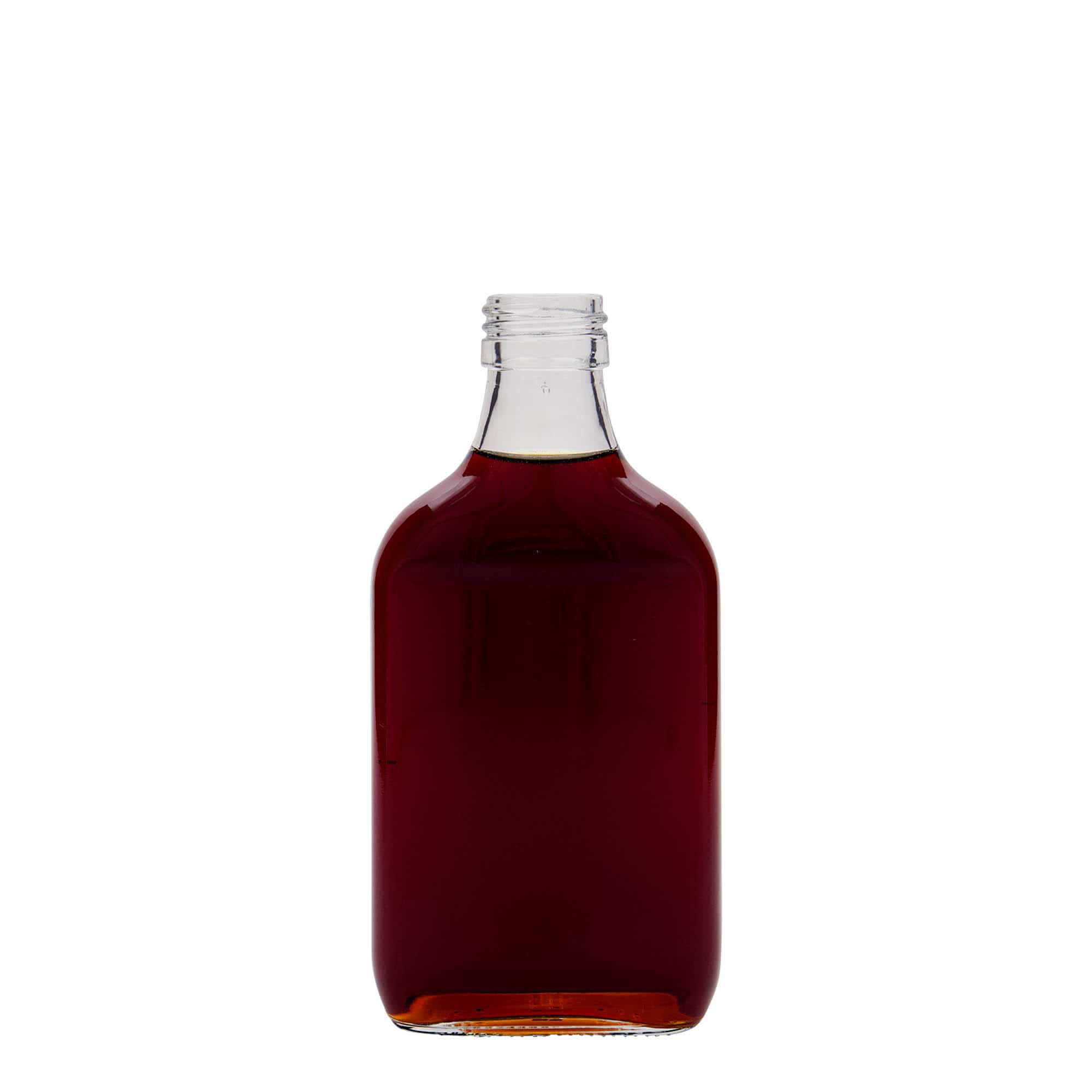 Kapesní lahev 200 ml, hranatá, sklo, ústí: PP 28