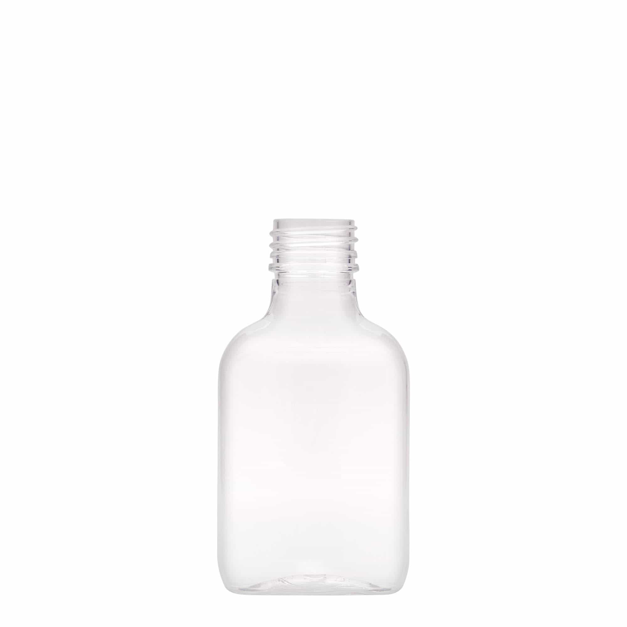 Kapesní lahev 100 ml , oválná, plast PET, uzávěr: PP 28 Kapesní lahev 100 ml , oválná, plast PET, uzávěr: PP 28