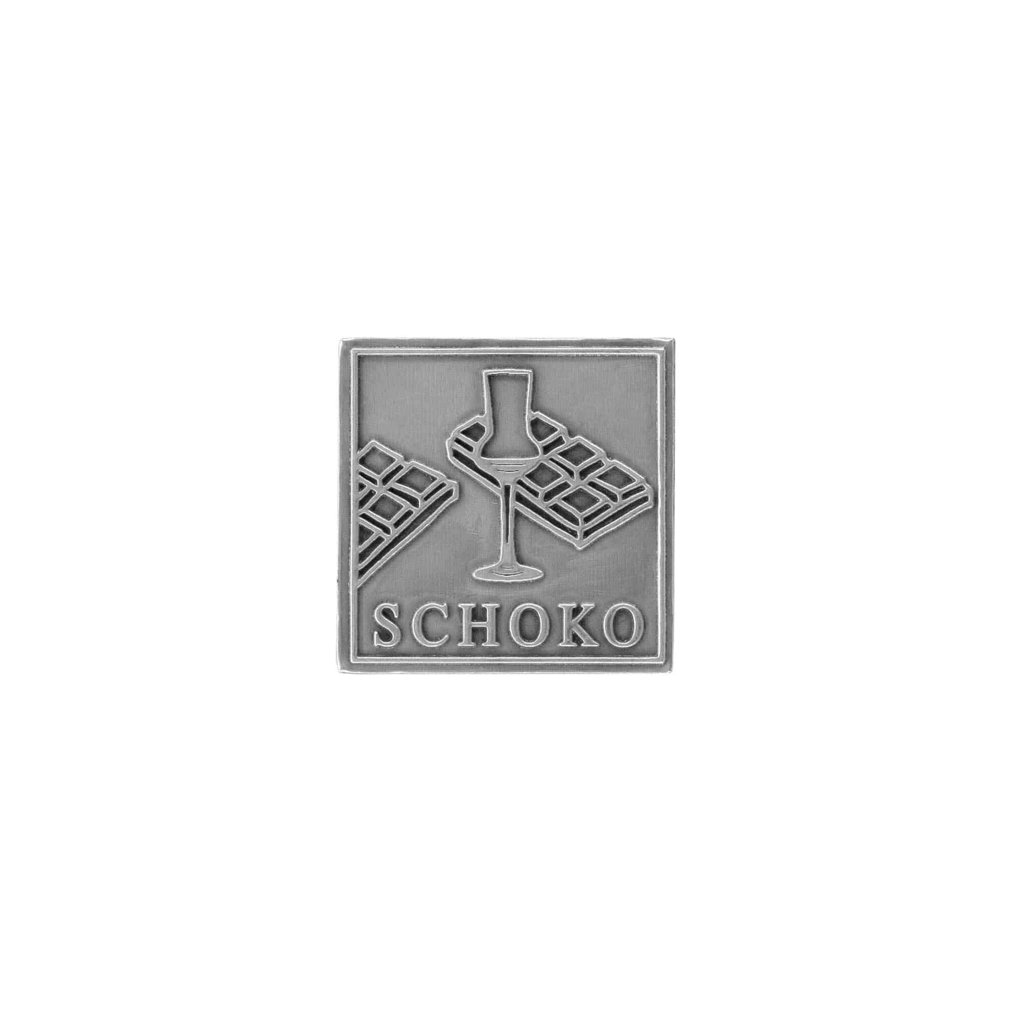 Cínová etiketa „Schoko“, čtvercová, kovová, stříbrná