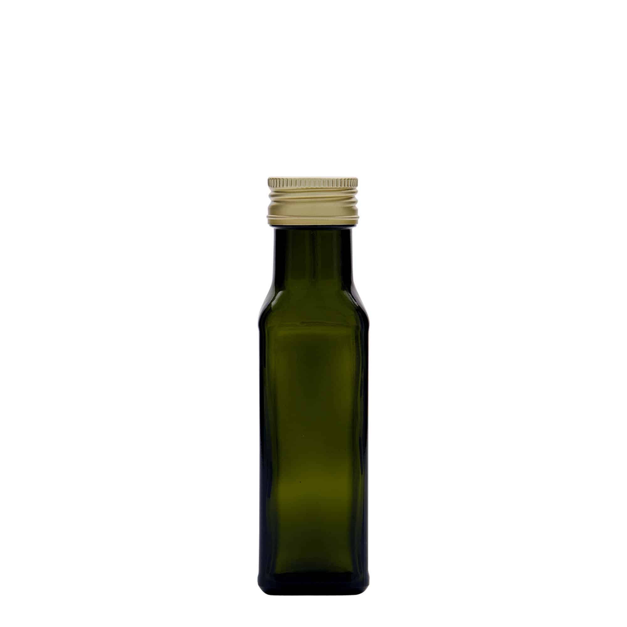 Skleněná lahev 100 ml 'Marasca', čtvercová, starožitná zelená, uzávěr: PP 31,5