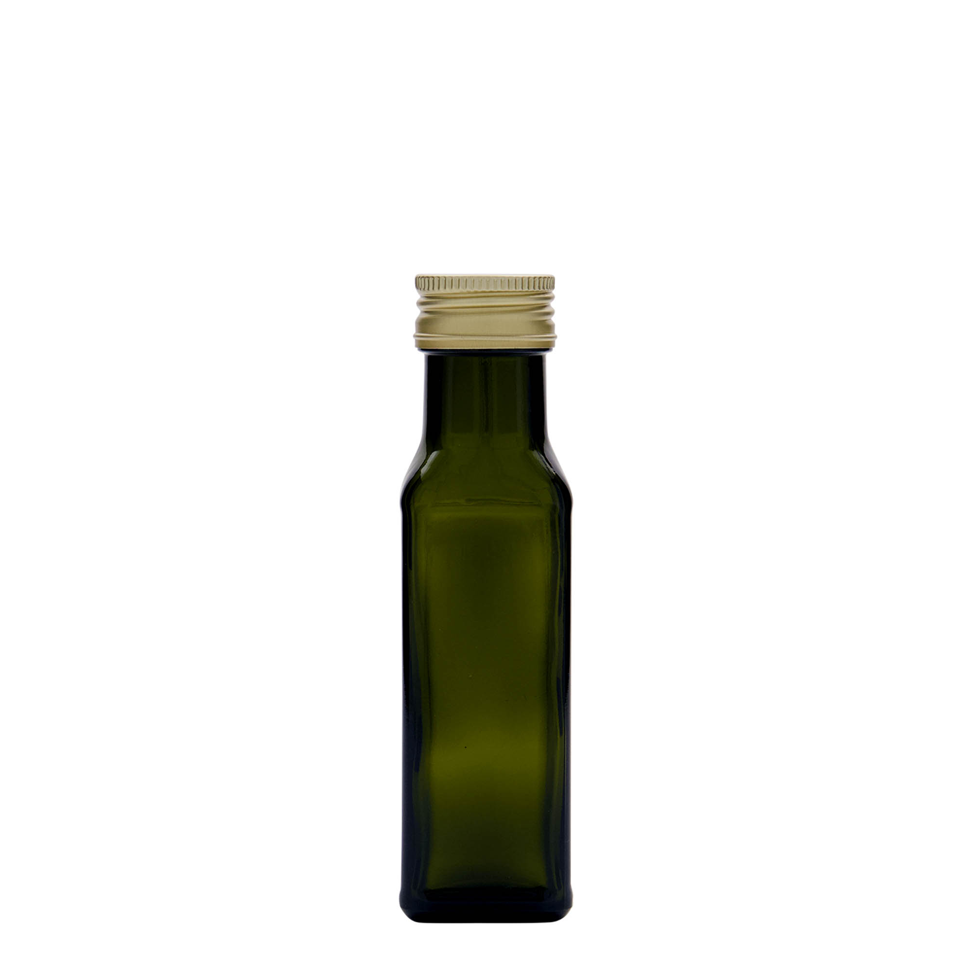 100 ml skleněná lahvička 'Marasca', čtvercová, antik zelená, hrdlo: PP 31,5