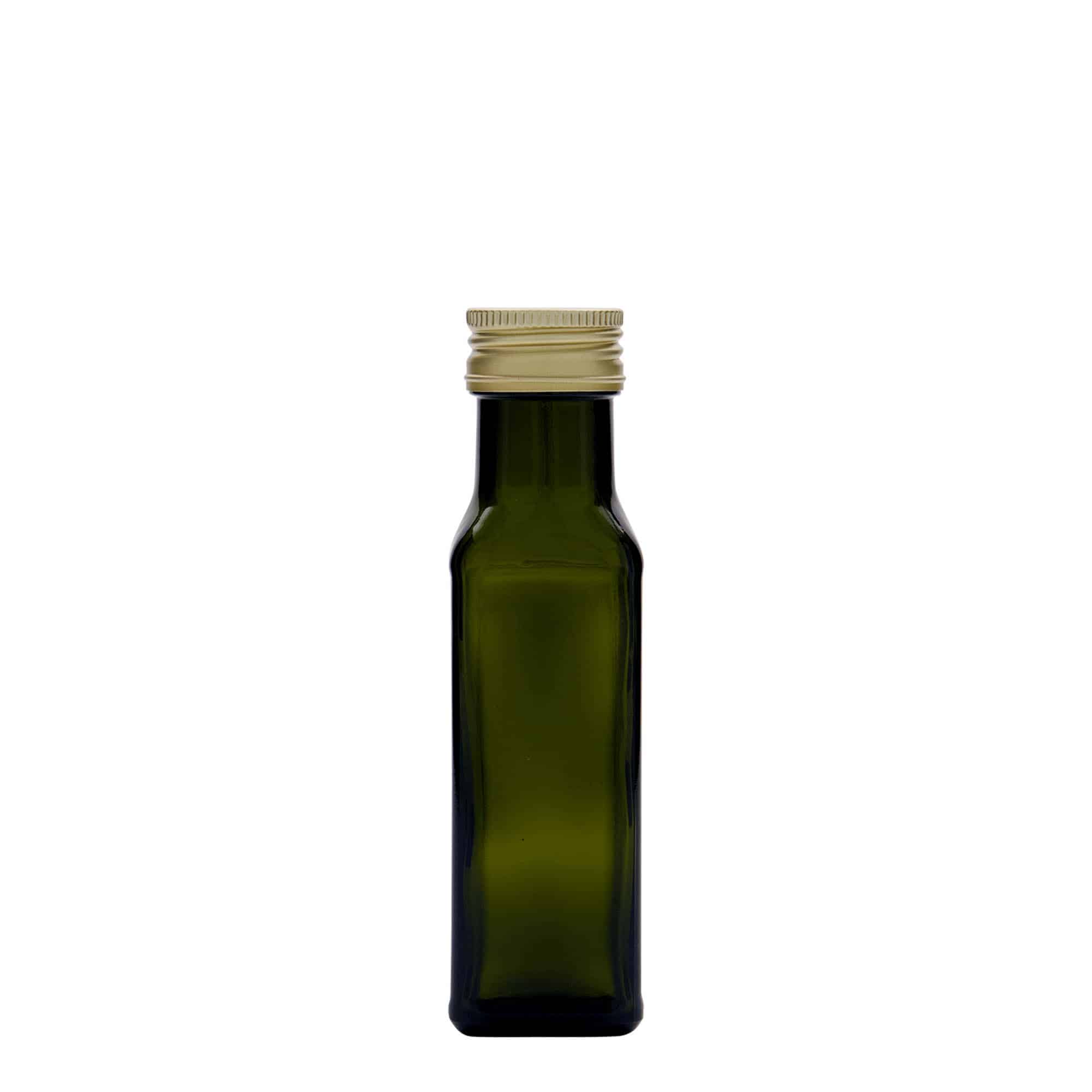 100 ml skleněná lahvička 'Marasca', čtvercová, antik zelená, hrdlo: PP 31,5