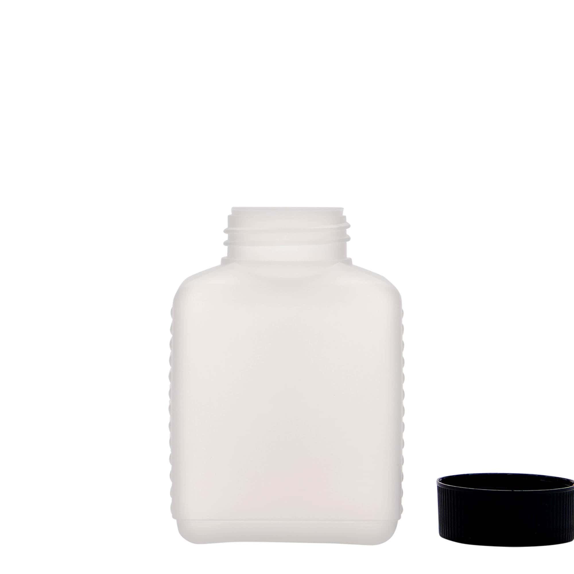 Lahev s širokým hrdlem 250 ml, hranatá, plast HDPE, přírodní, uzávěr: DIN 40 EPE Lahev s širokým hrdlem 250 ml, hranatá, plast HDPE, přírodní, uzávěr: DIN 40 EPE