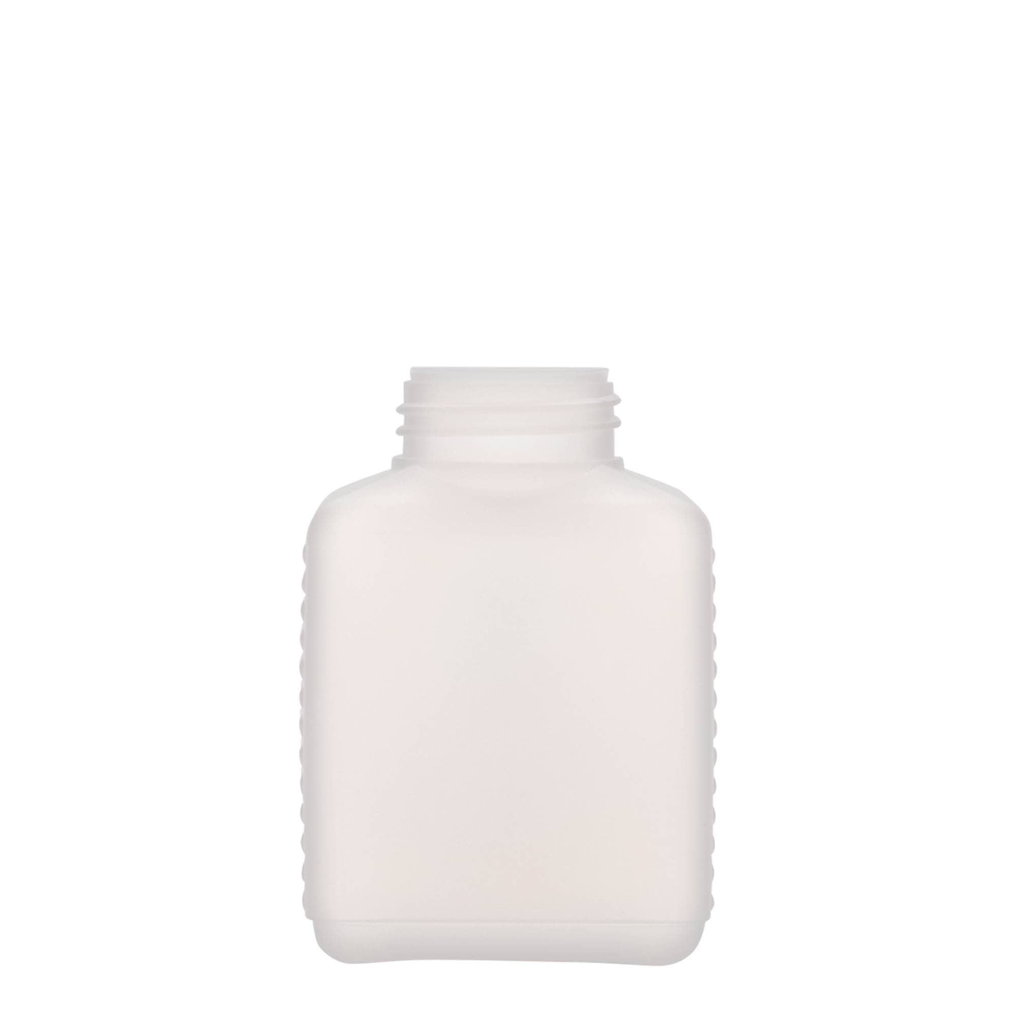 250 ml širokohrdlá láhev, obdélníková, HDPE plast, přírodní, hrdlo: DIN 40 EPE