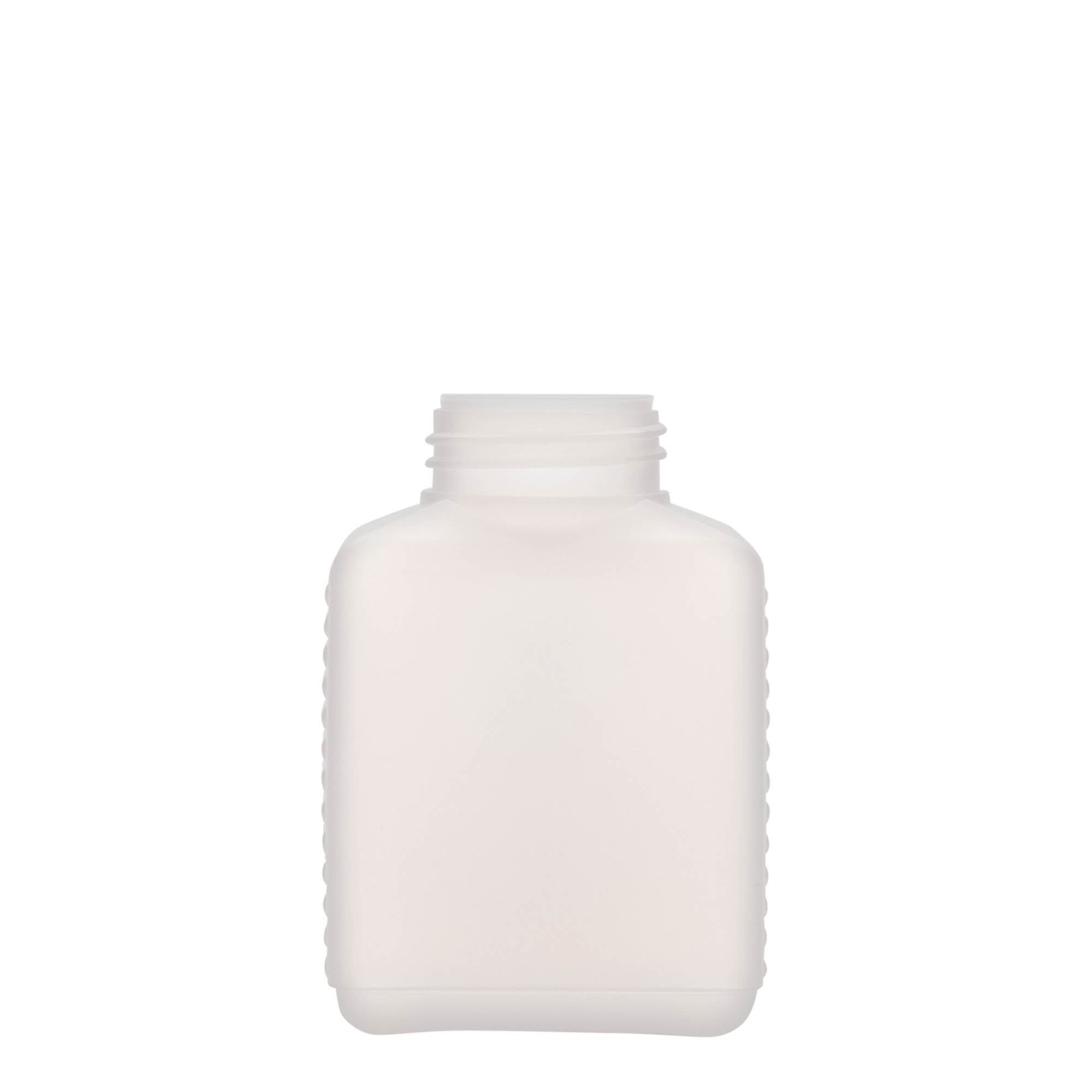 250 ml širokohrdlá láhev, obdélníková, HDPE plast, přírodní, hrdlo: DIN 40 EPE 250 ml širokohrdlá láhev, obdélníková, HDPE plast, přírodní, hrdlo: DIN 40 EPE