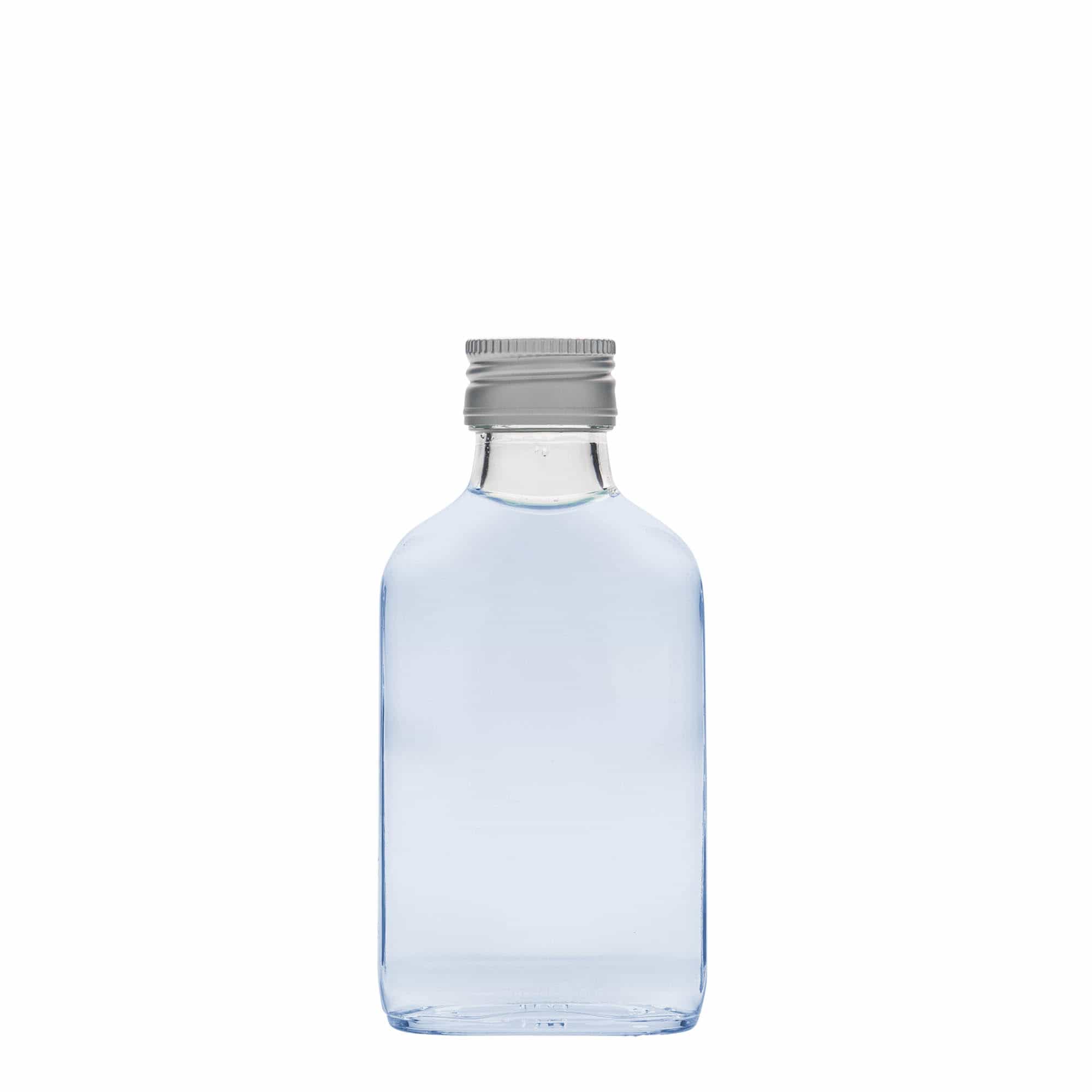 Kapesní lahev 100 ml, hranatá, sklo, ústí: PP 28