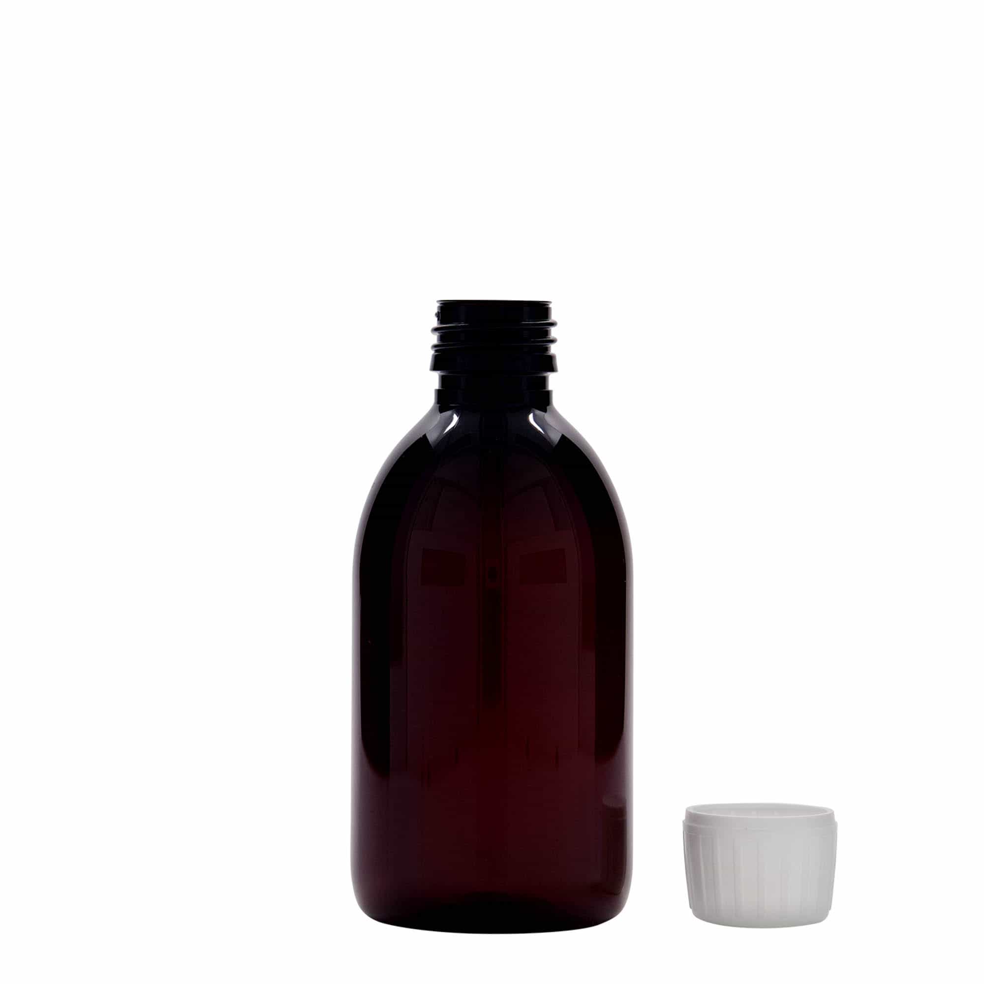 Lékovka PET 250 ml, hnědá, plast, ústí: PP 28