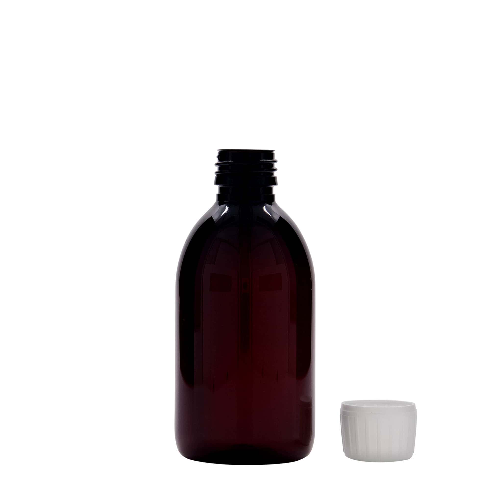 250 ml PET lékárenská lahvička, hnědá, plast, hrdlo: PP 28