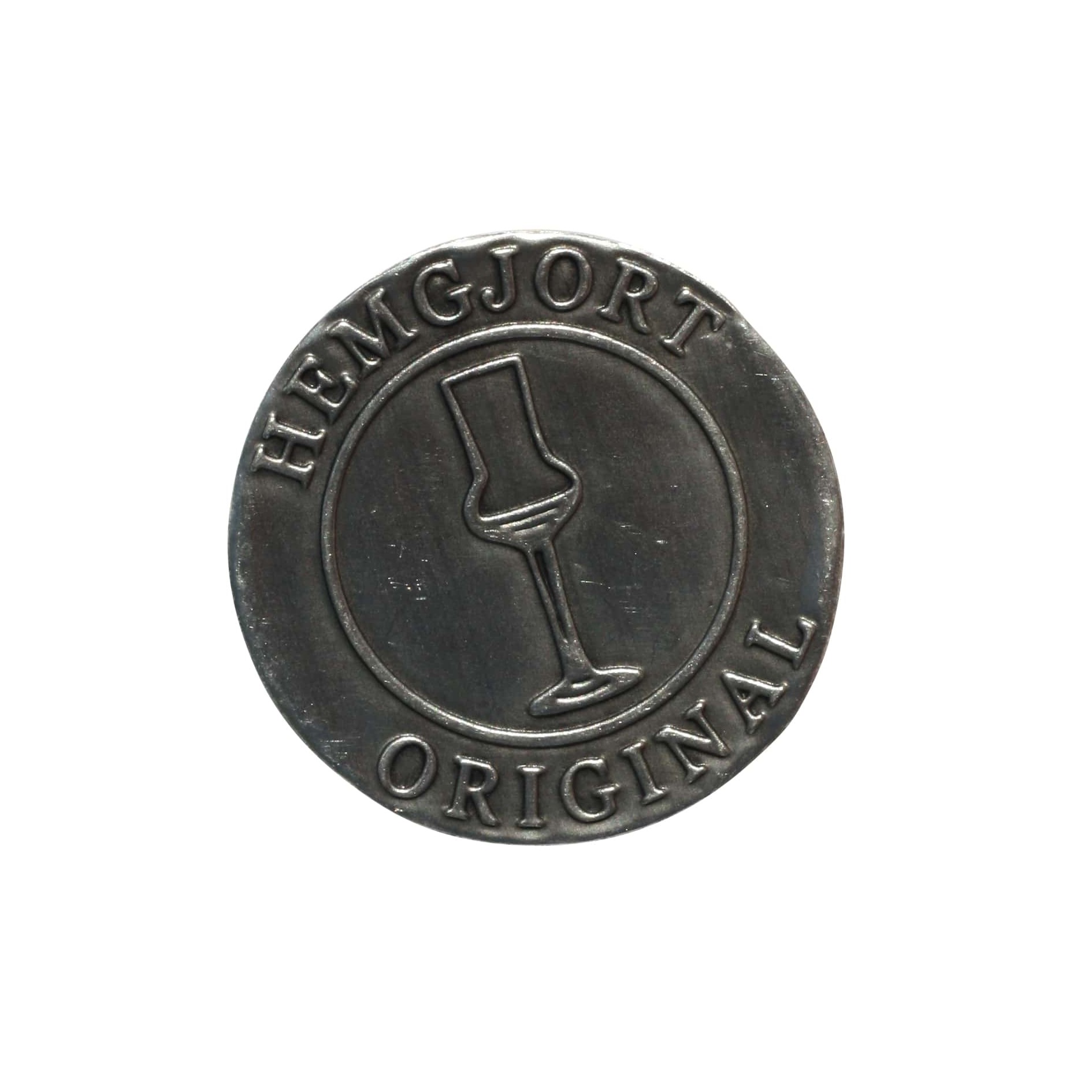 Cínová etiketa 'Hemgjort Original', kulatá, kovová, stříbrná Cínová etiketa 'Hemgjort Original', kulatá, kovová, stříbrná