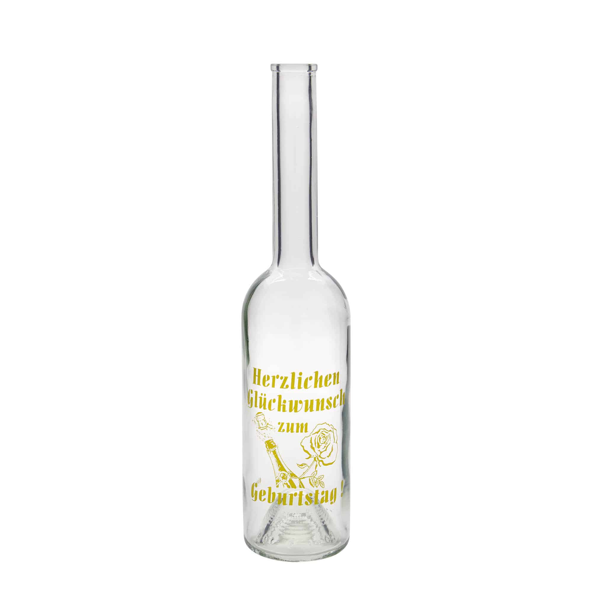 Skleněná lahev 500 ml 'Opera', motiv: Lahev k narozeninám, uzávěr: korek Skleněná lahev 500 ml 'Opera', motiv: Lahev k narozeninám, uzávěr: korek