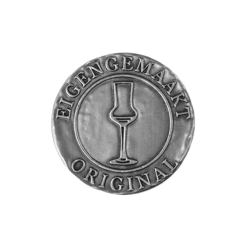 Cínová etiketa 'Vlastní výroba', kulatá, kov, stříbrná Cínová etiketa 'Vlastní výroba', kulatá, kov, stříbrná