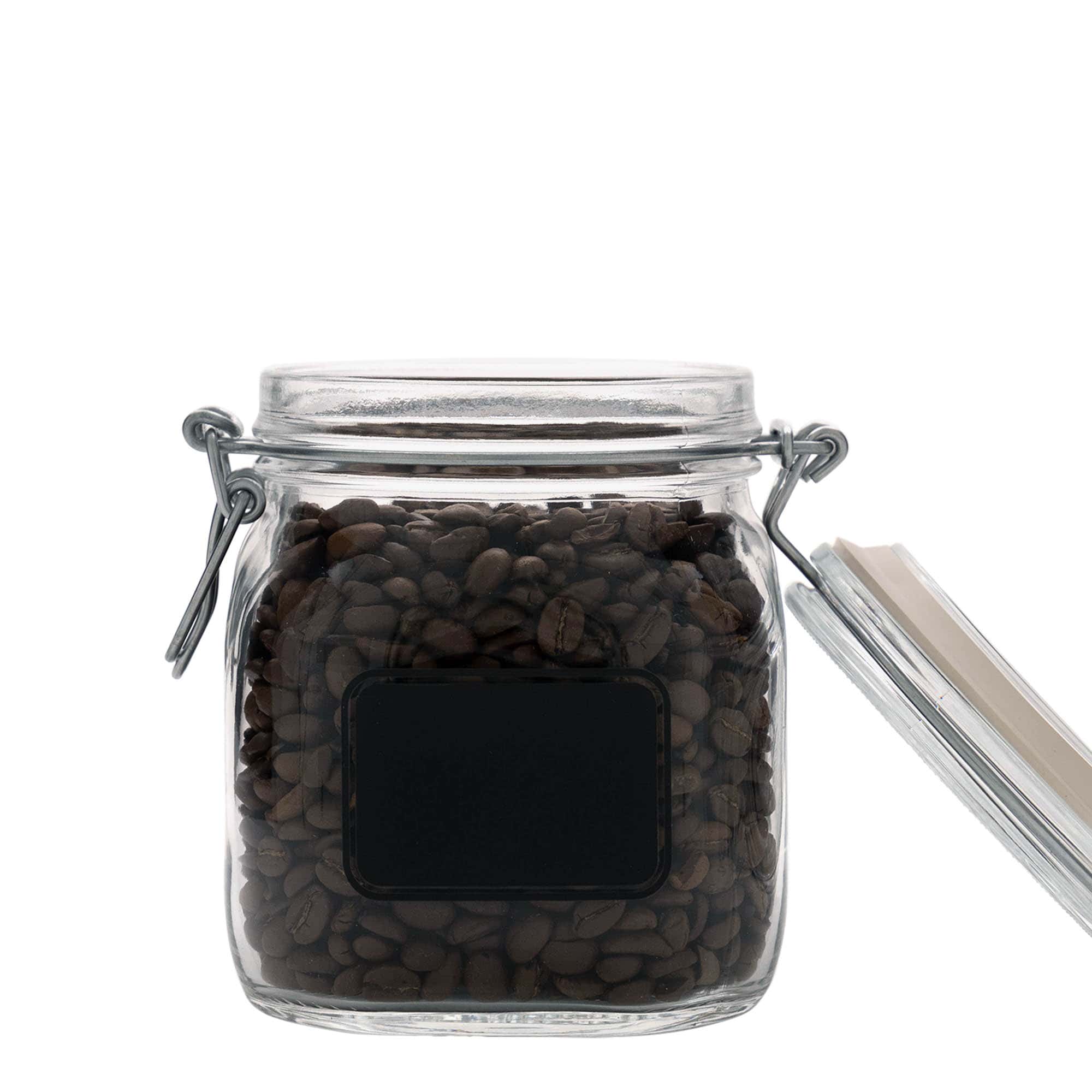 750 ml drátěná zavařovací sklenice 'Fido', motiv: štítek, čtvercová, hrdlo: drátěné zavírání