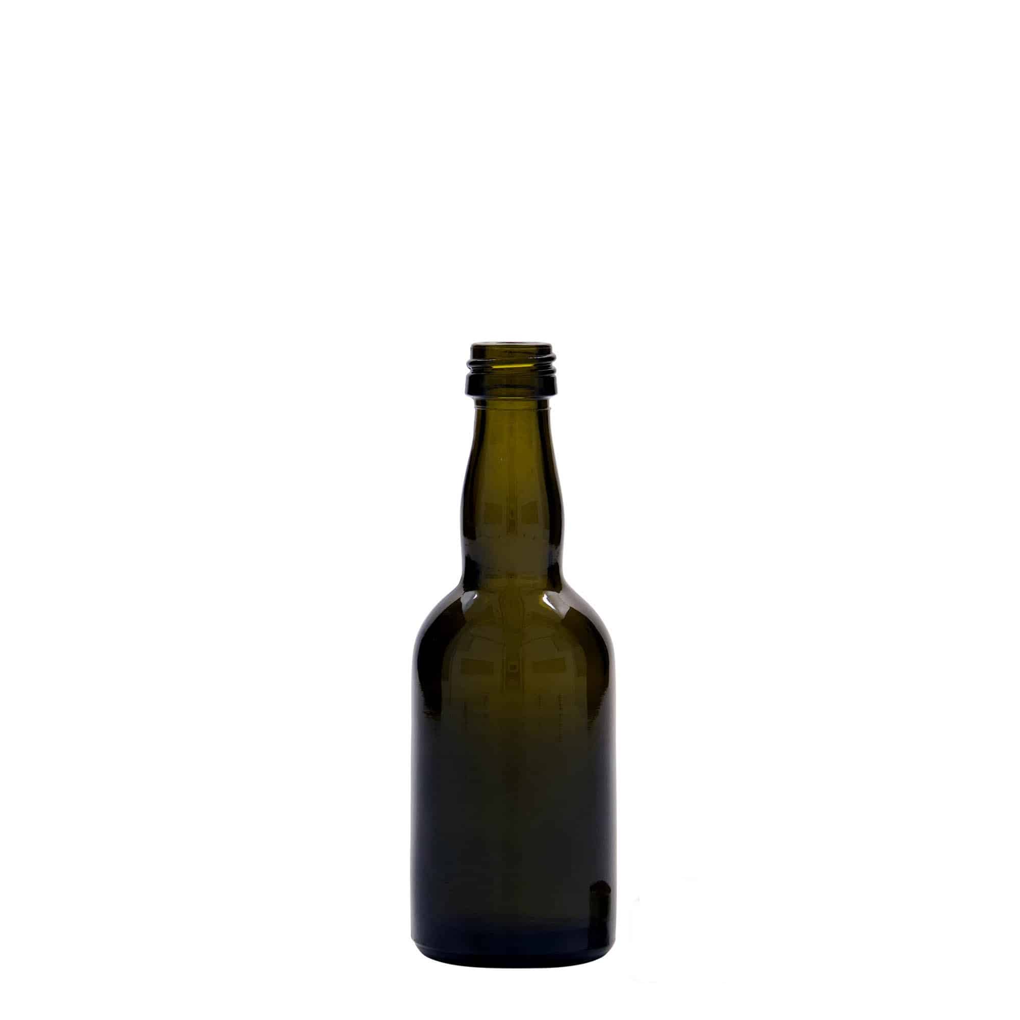 Skleněná lahev 50 ml 'Proba', starožitná zelená, uzávěr: PP 18