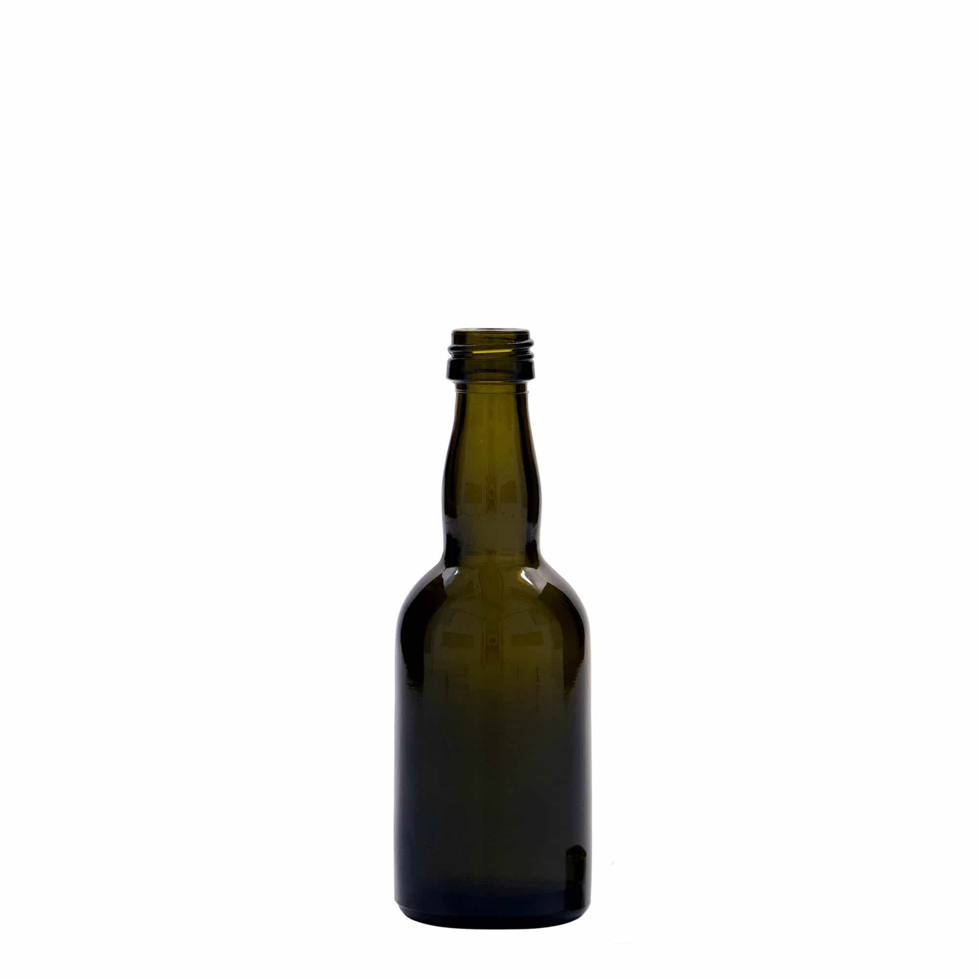 50 ml skleněná lahvička 'Proba', antikzelená, hrdlo: PP 18