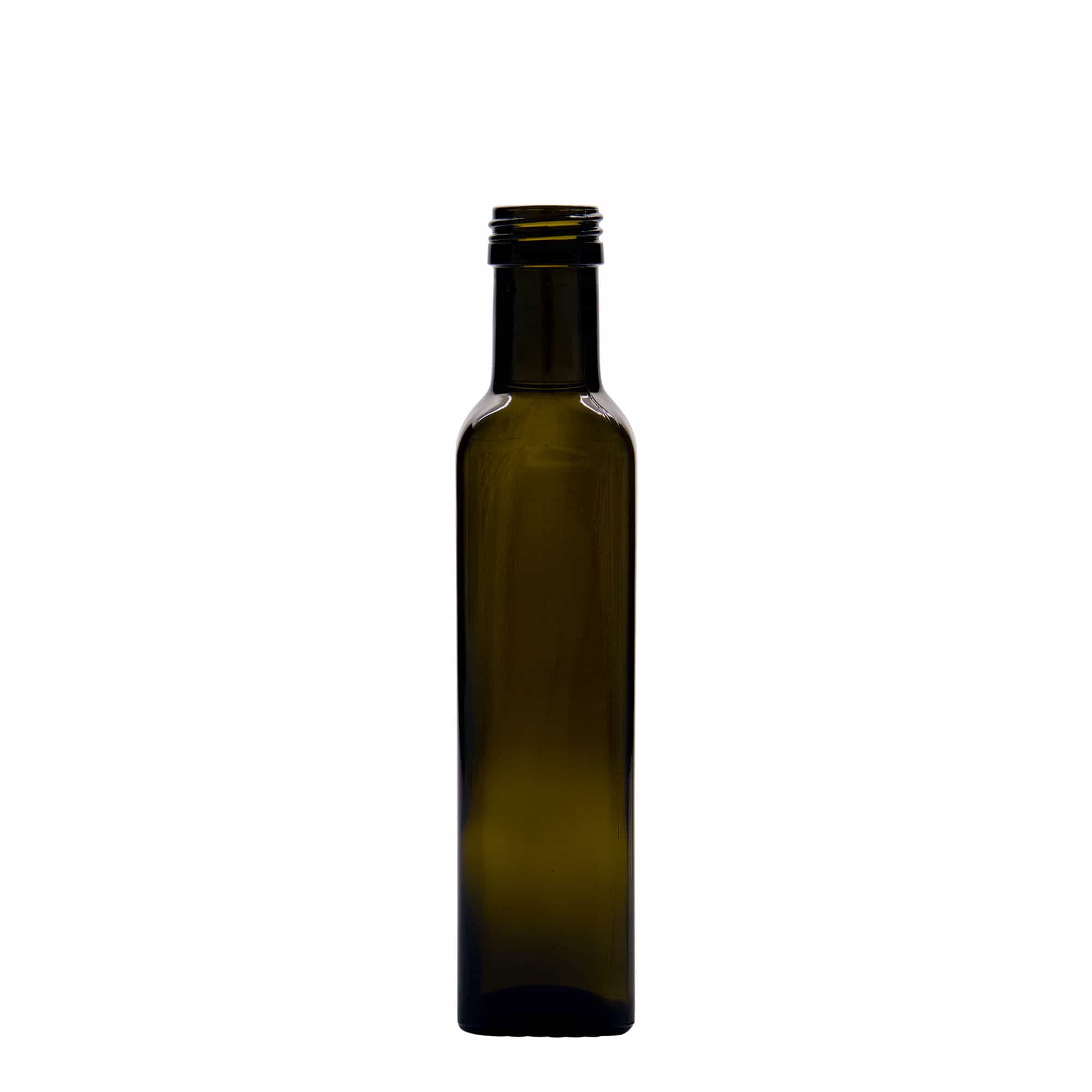 250 ml skleněná láhev 'Marasca', čtvercová, antik zelená, hrdlo: PP 31,5