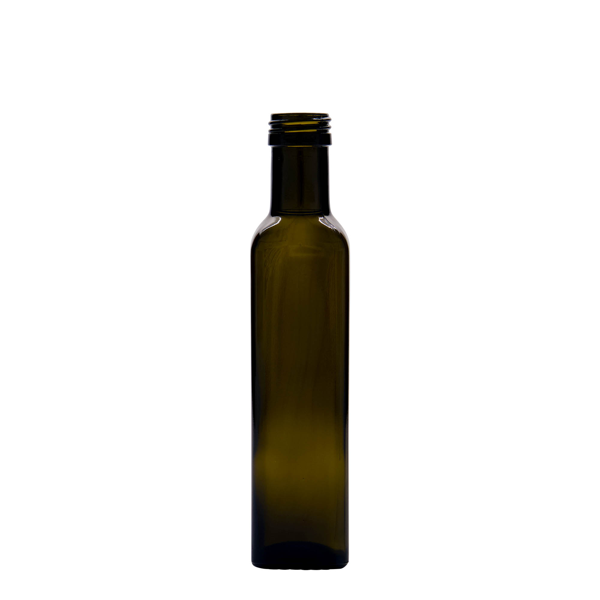 250 ml skleněná láhev „Marasca“, čtvercová, antik zelená, hrdlo: PP 31,5