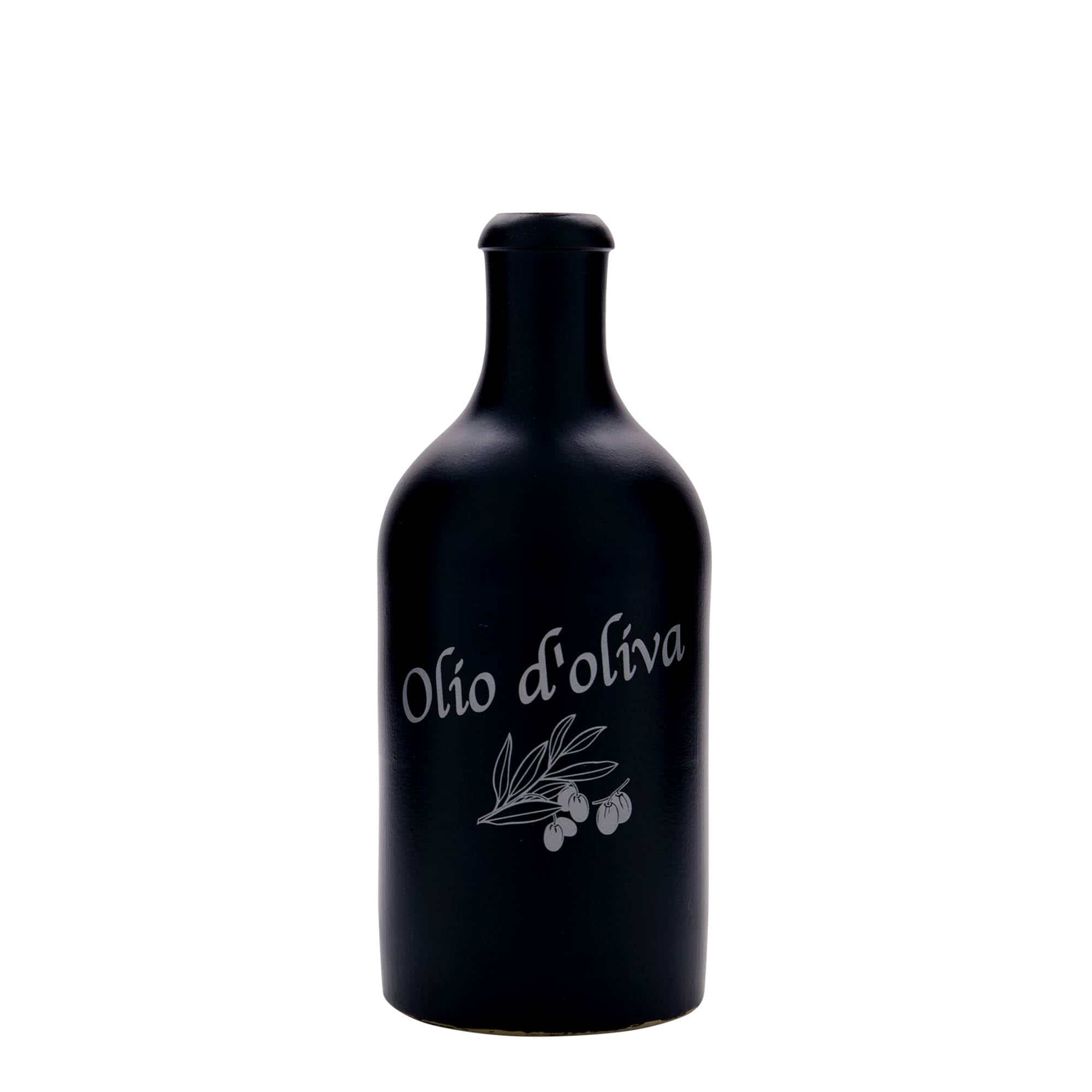 Hliněný džbán 500 ml, motiv: Olio d'Oliva, keramika, černý, uzávěr: korek Hliněný džbán 500 ml, motiv: Olio d'Oliva, keramika, černý, uzávěr: korek