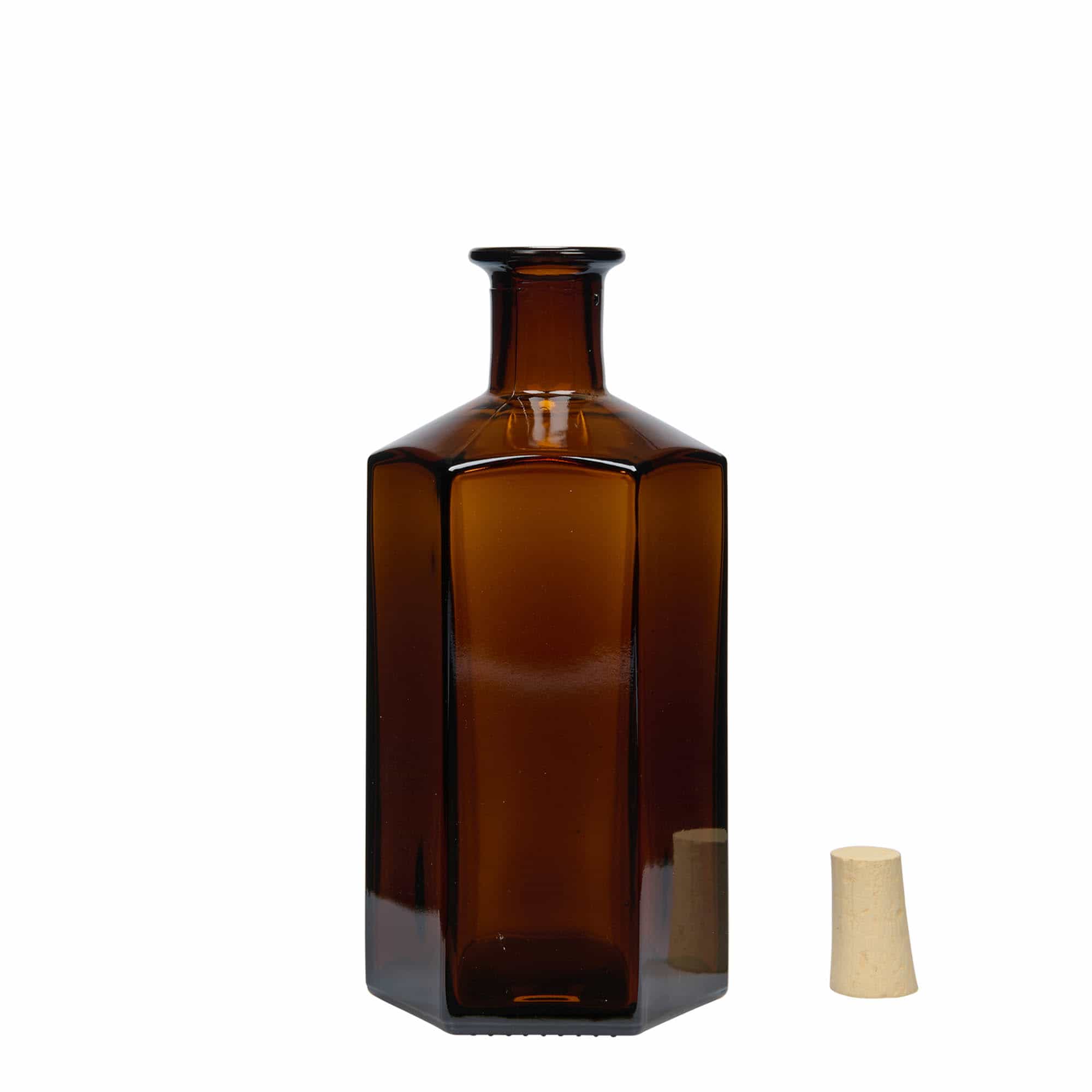 Skleněná lahev 500 ml lékárenská 'Jimmy'. šestiúhelníková. hnědý. uzávěr: korek
