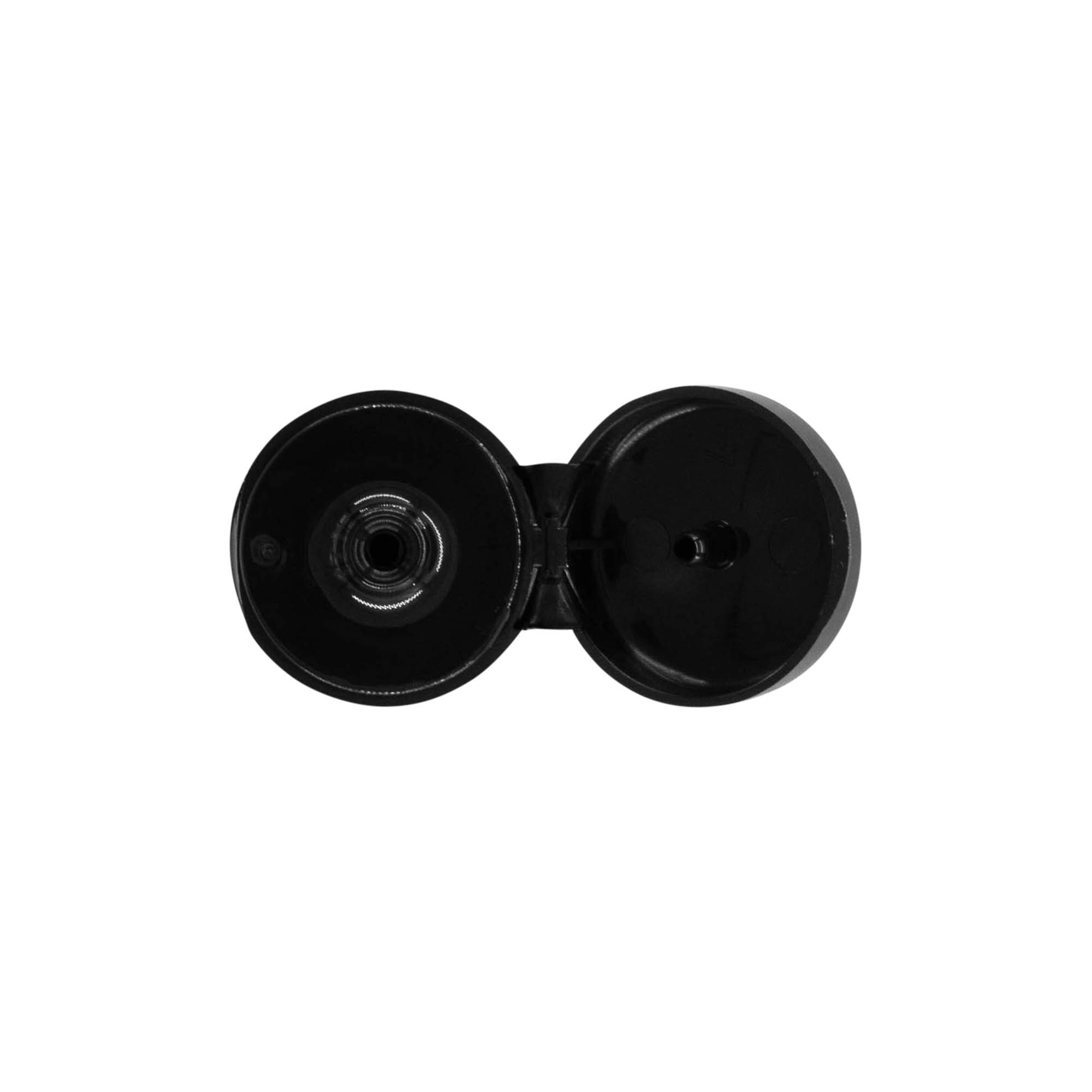 Šroubovací uzávěr s kloubovým pantem, PP plast, černý, pro hrdlo: 20/410