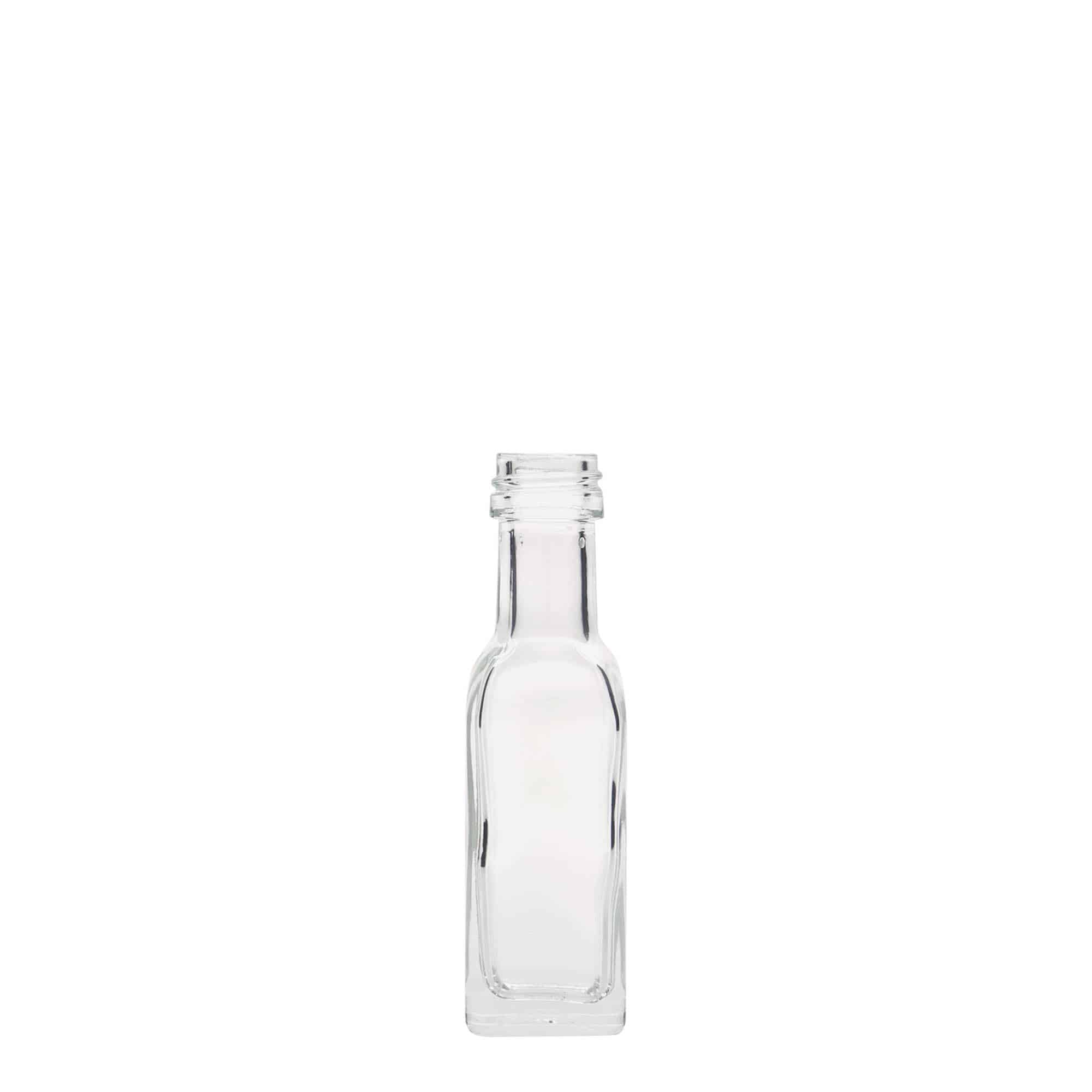 20 ml skleněná lahvička „Marasca“, čtvercová, hrdlo: PP 18
