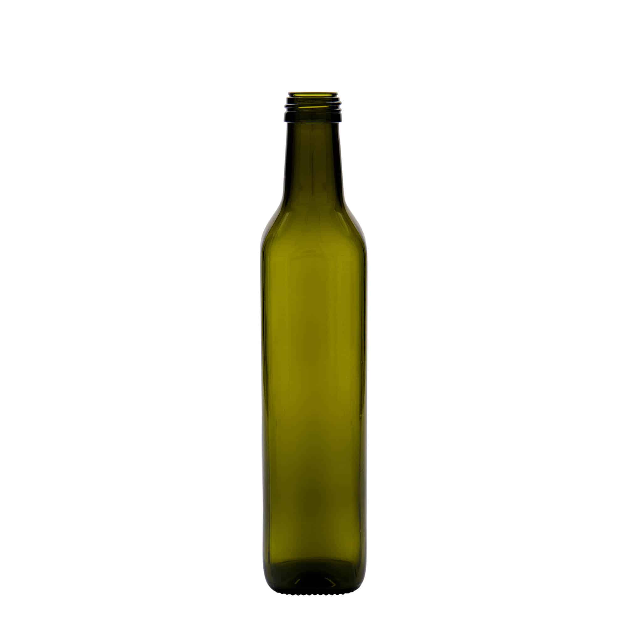 Skleněná lahev 500 ml 'Marasca', čtvercová, starožitná zelená, uzávěr: PP 31,5 Skleněná lahev 500 ml 'Marasca', čtvercová, starožitná zelená, uzávěr: PP 31,5