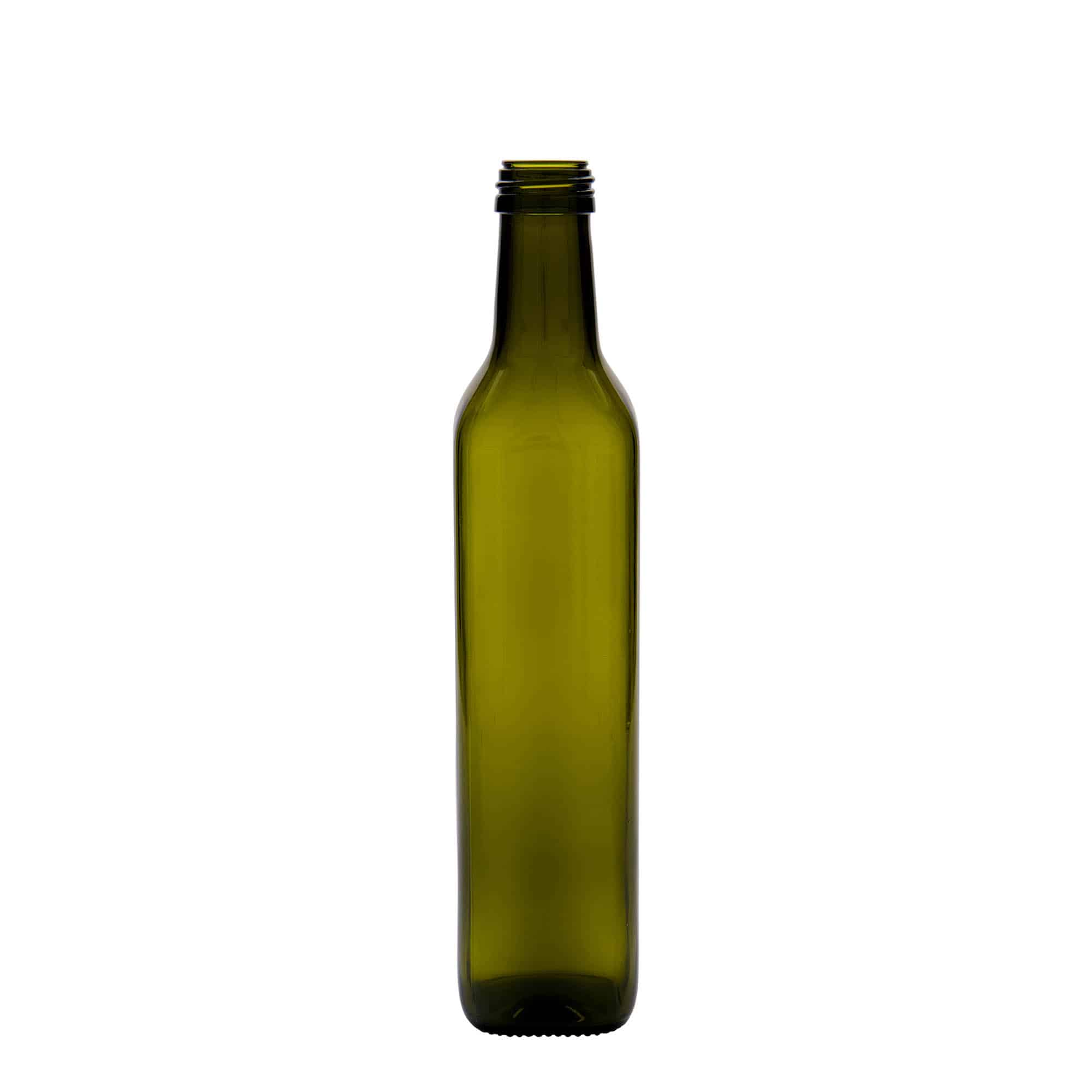 500 ml skleněná láhev 'Marasca', čtvercová, antik zelená, hrdlo: PP 31,5