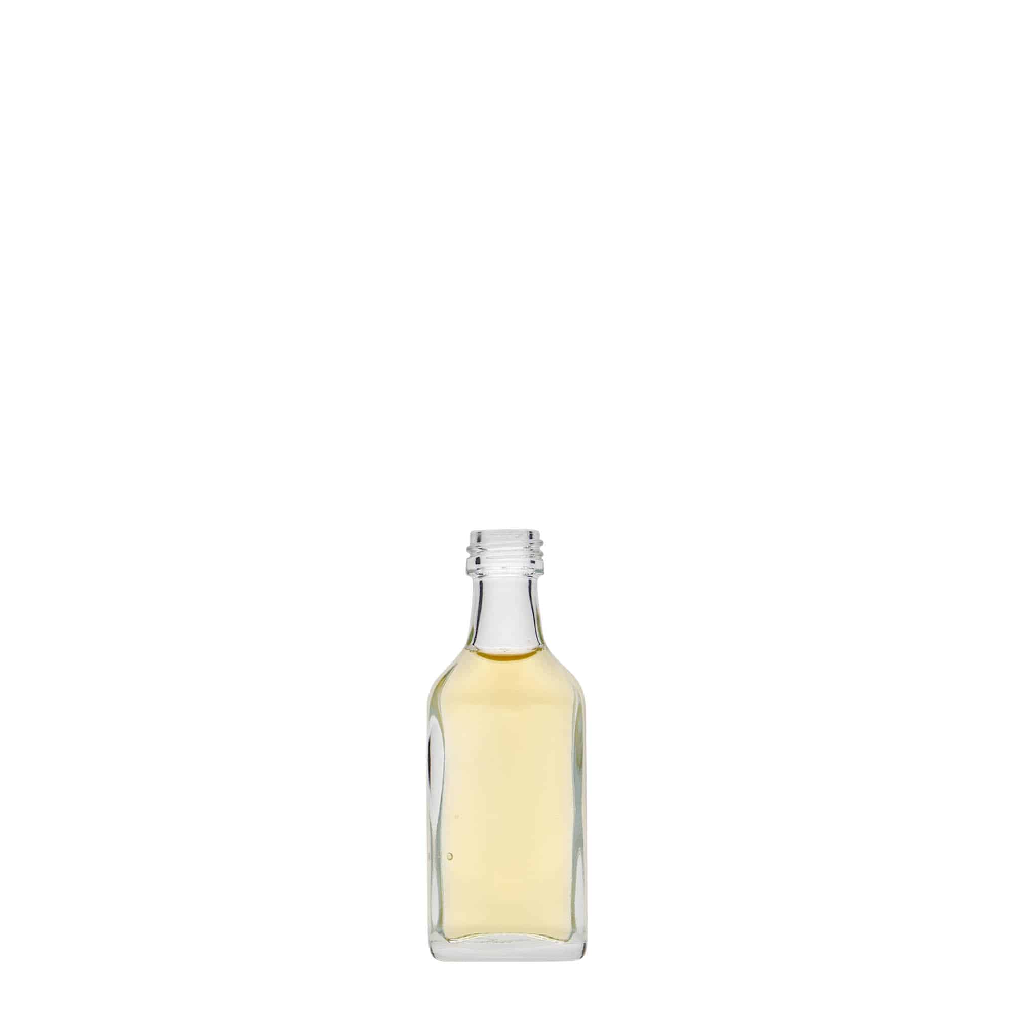 Kapesní lahev 20 ml, hranatá, sklo, ústí: PP 18