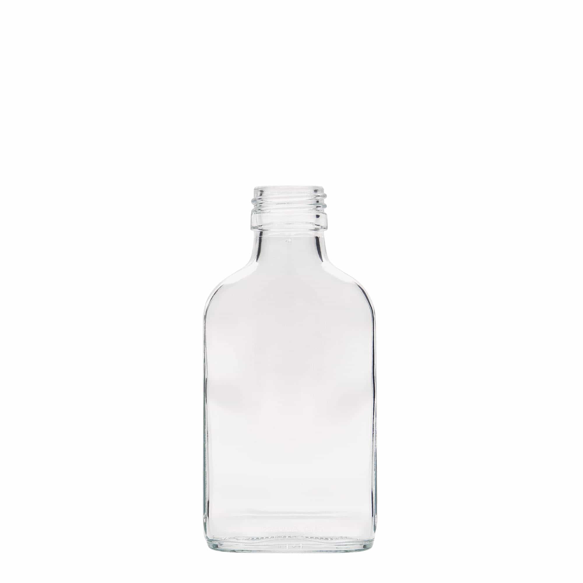 Kapesní lahev 100 ml, hranatá, sklo, ústí: PP 28 Kapesní lahev 100 ml, hranatá, sklo, ústí: PP 28
