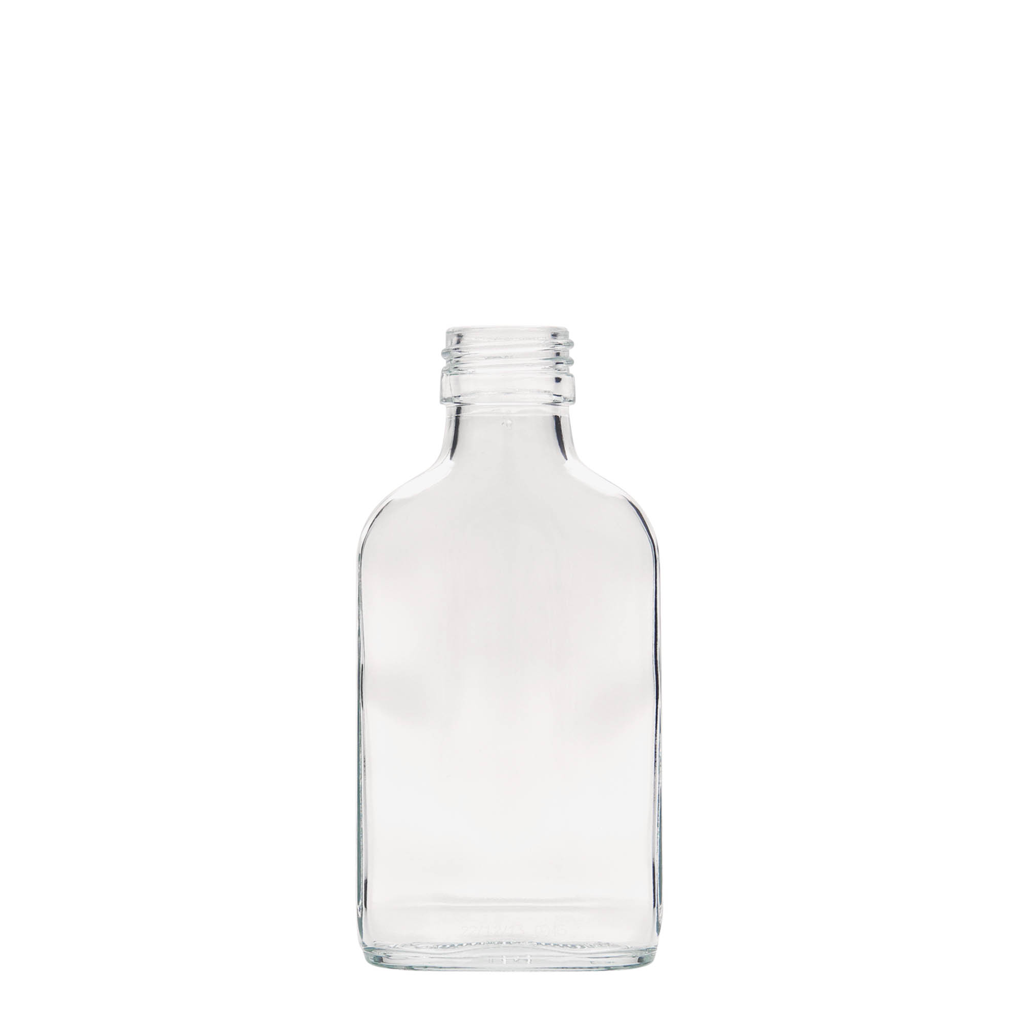 100 ml kapesní lahvička, obdélníková, sklo, hrdlo: PP 28