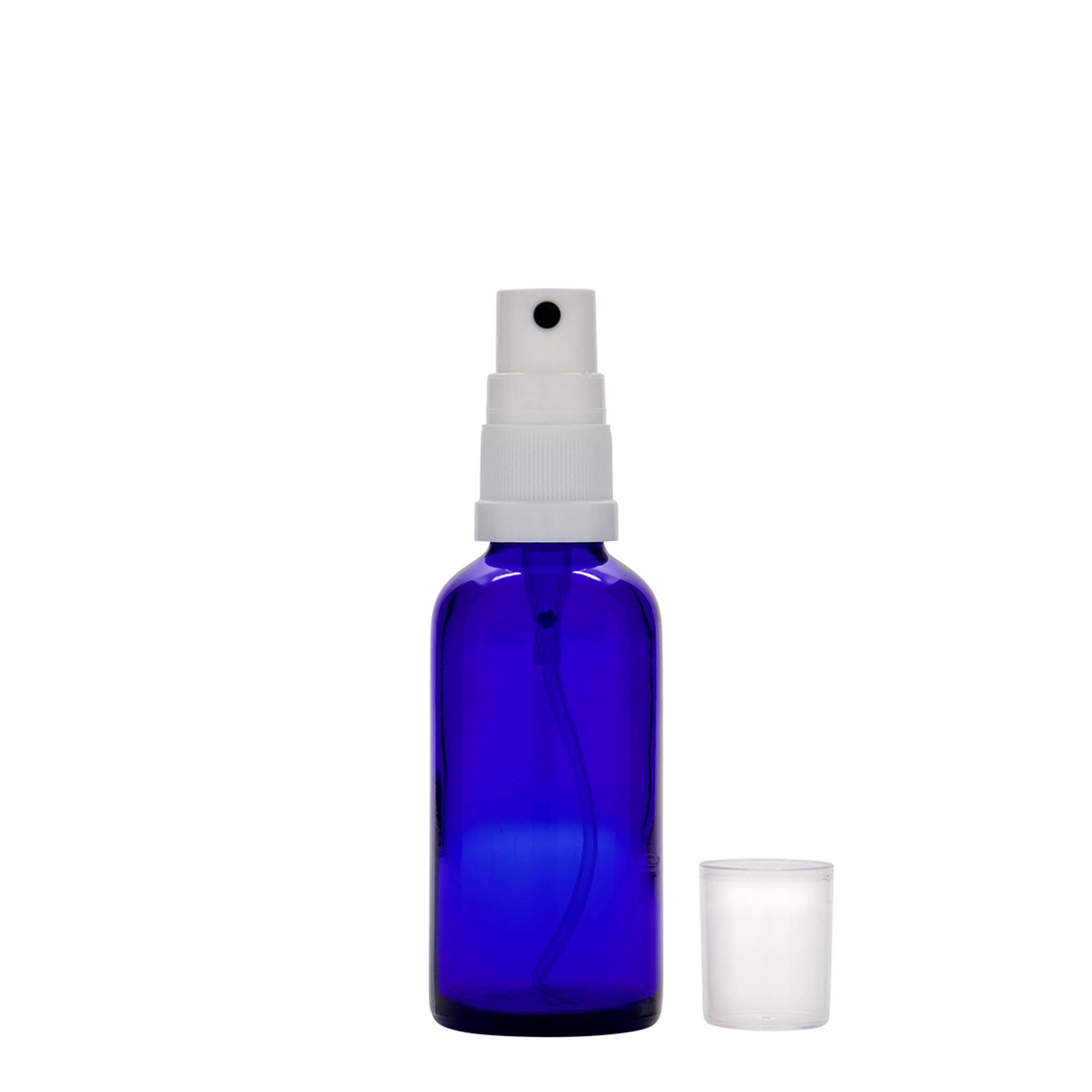 50 ml lékovka s rozprašovačem, sklo, královská modř, hrdlo: DIN 18